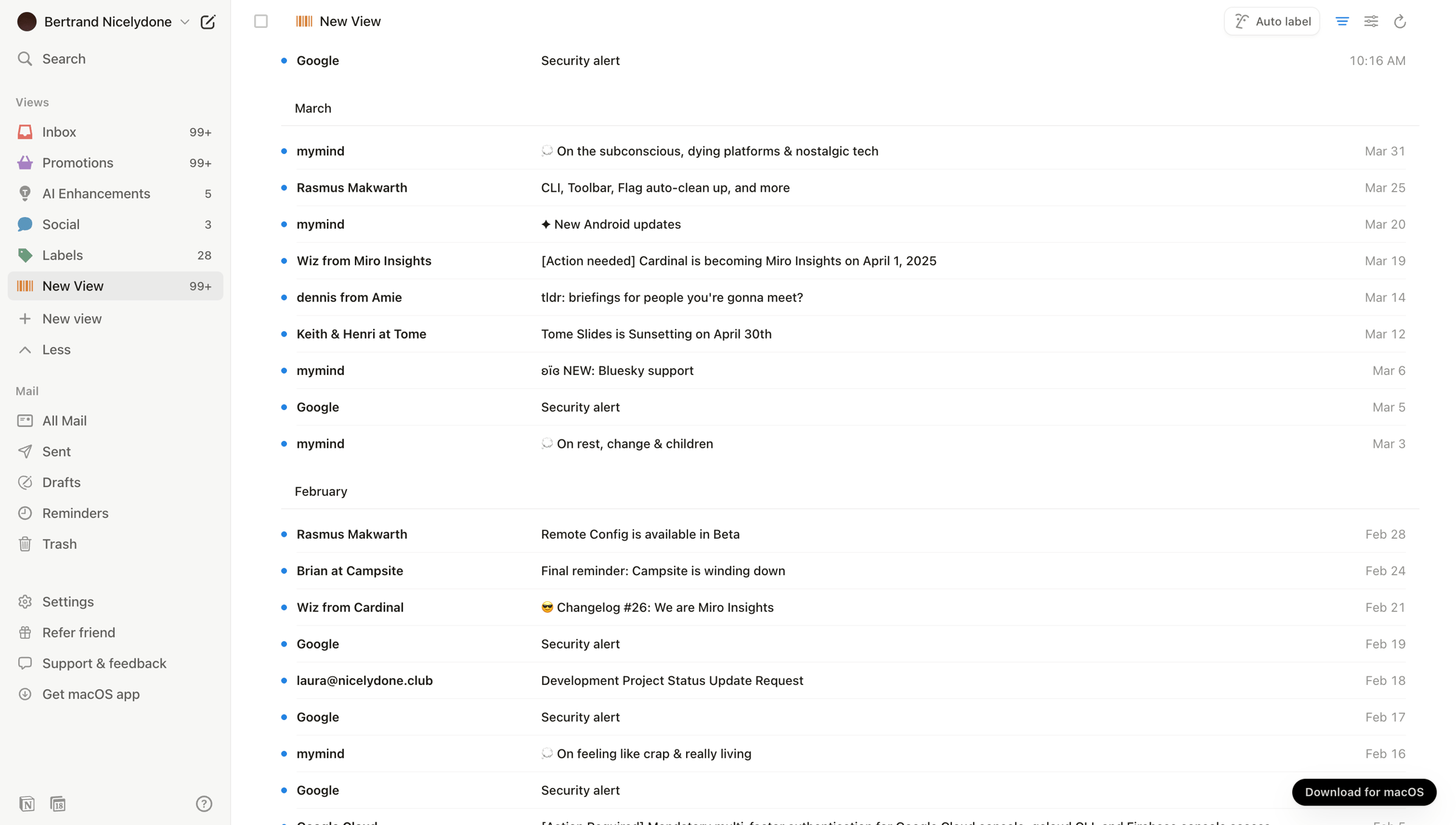 Notion Mail - 99+ • New View • nicelydoneproducts@gmail.com • Notion Mail screen