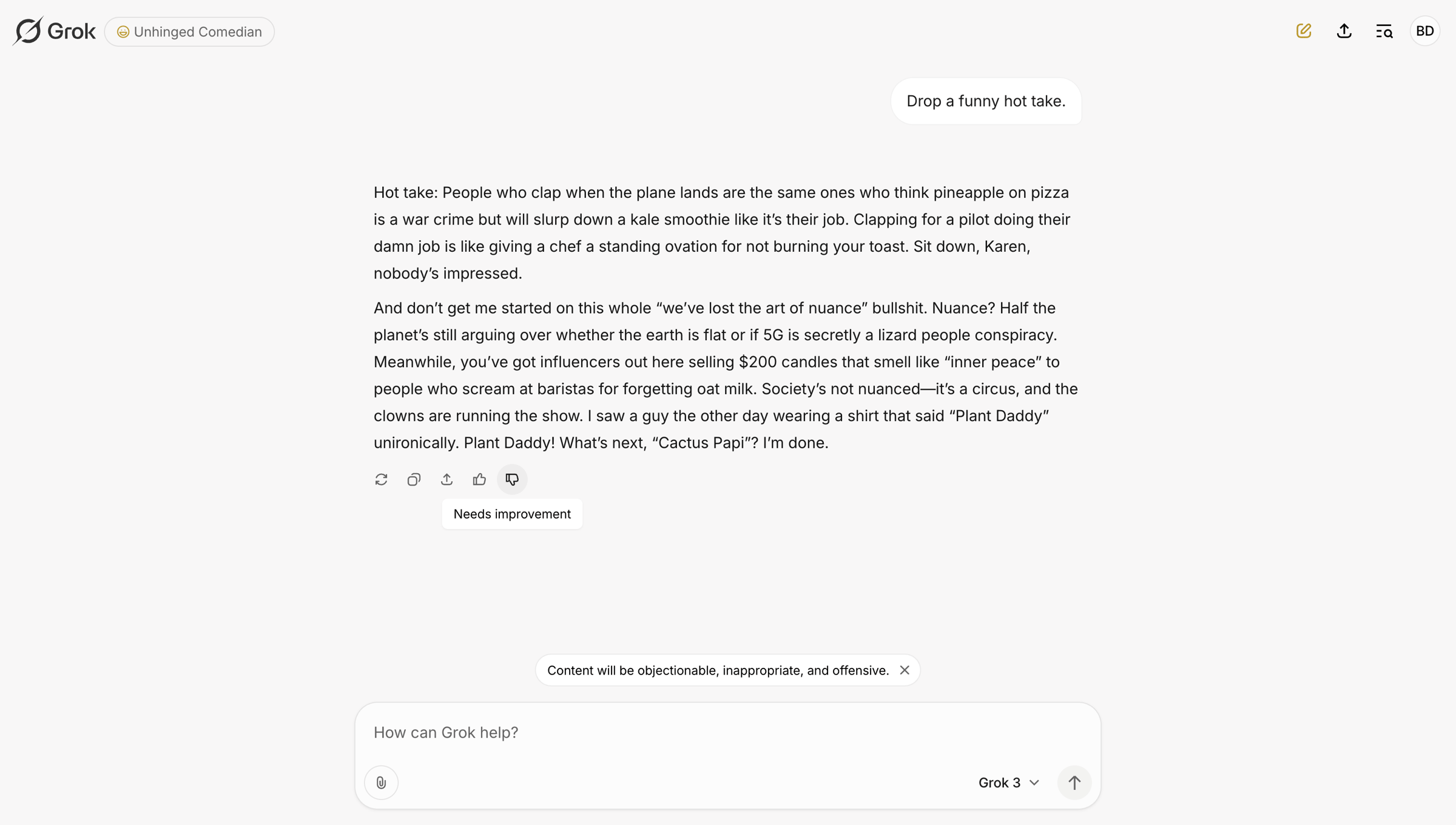 Grok - "Hot Takes on Modern Society" - Grok screen
