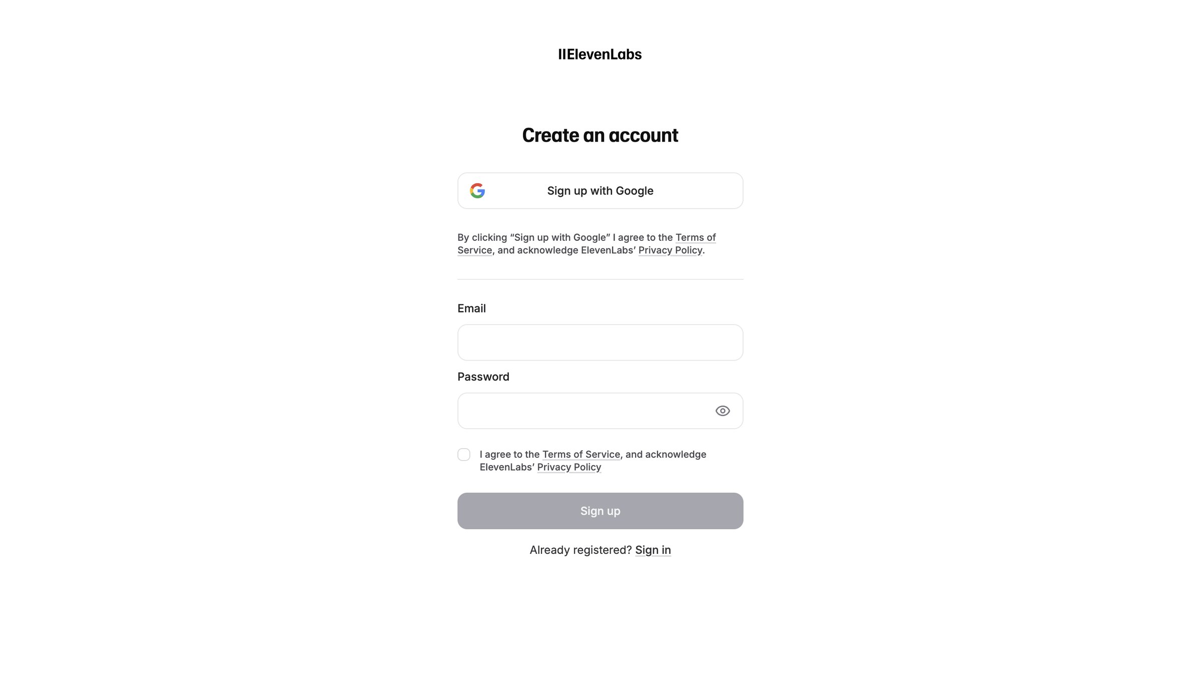 Elevenlabs - Sign Up | ElevenLabs screen