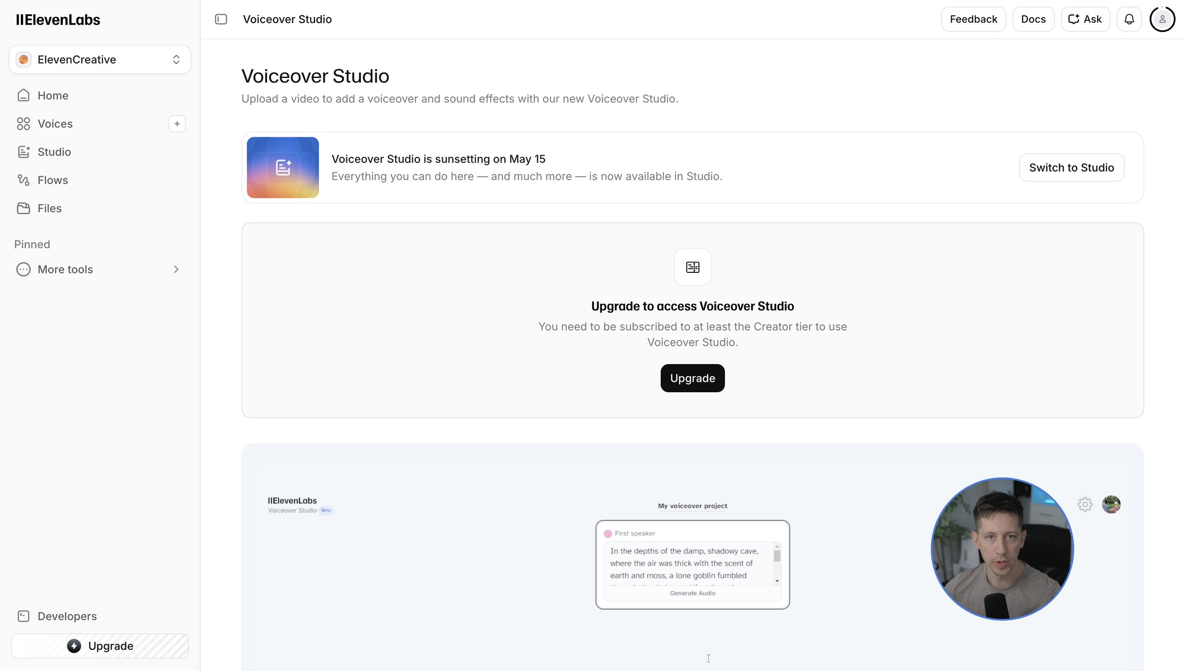 Elevenlabs - Voiceover Studio | ElevenLabs screen
