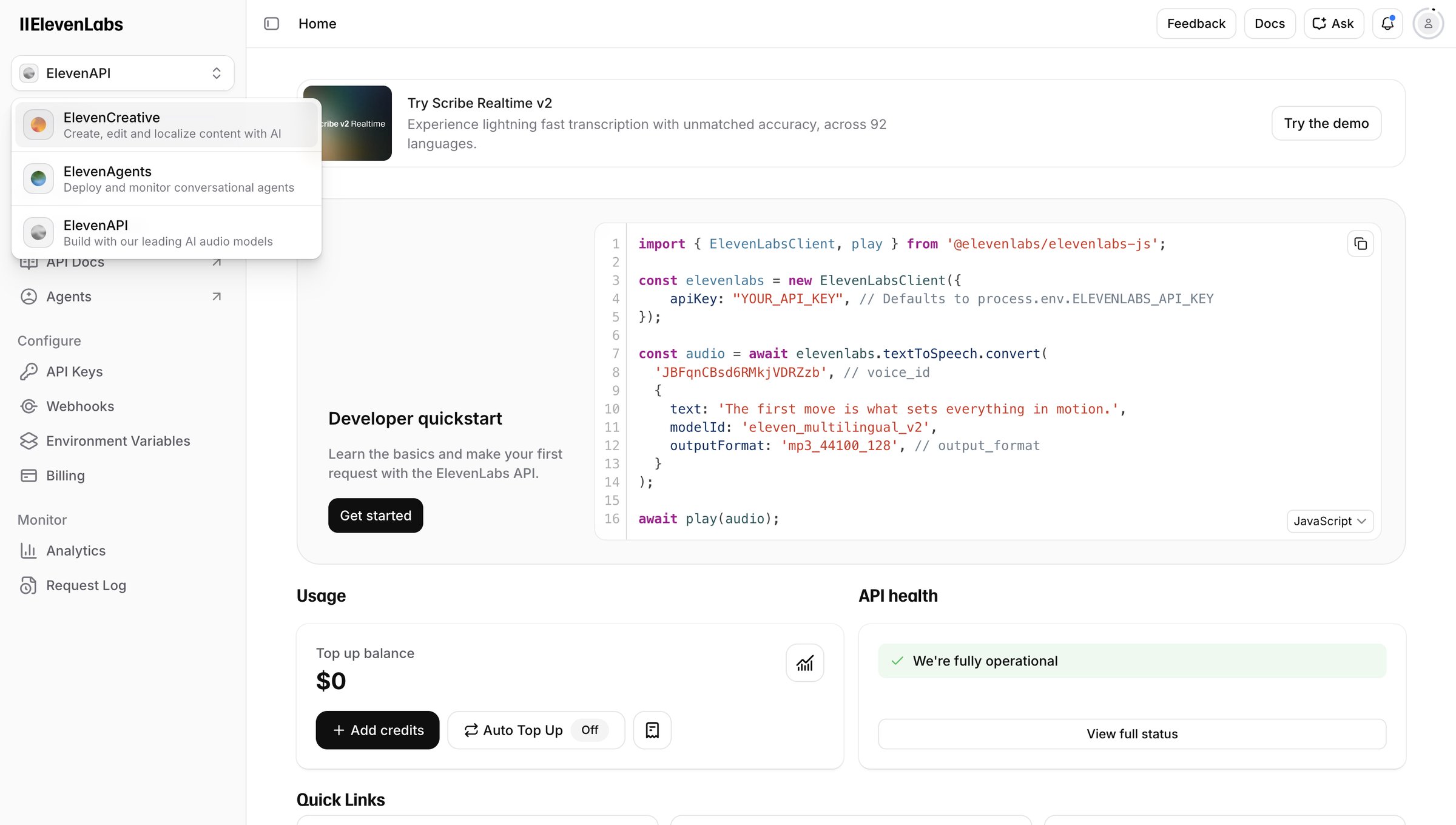 Elevenlabs - Home | ElevenLabs screen