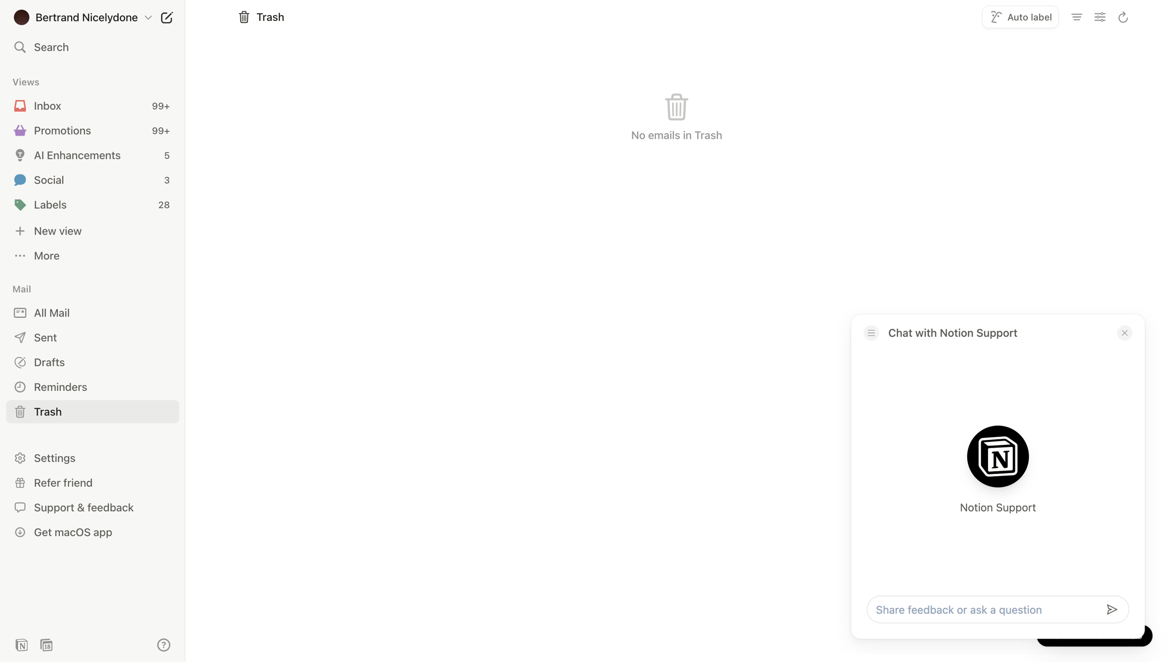 Notion Mail - Trash • nicelydoneproducts@gmail.com • Notion Mail screen