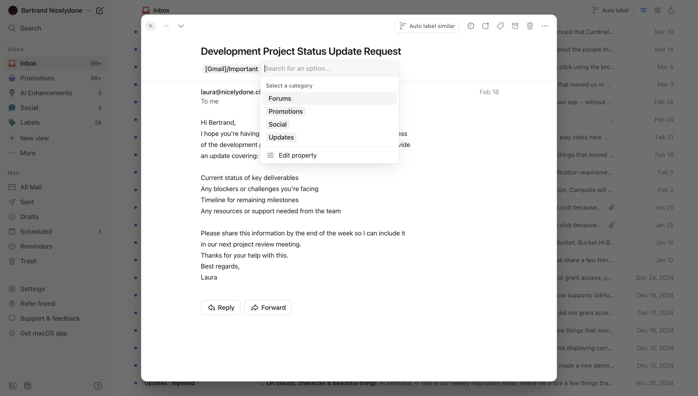 Notion Mail - 99+ • Inbox • nicelydoneproducts@gmail.com • Notion Mail screen