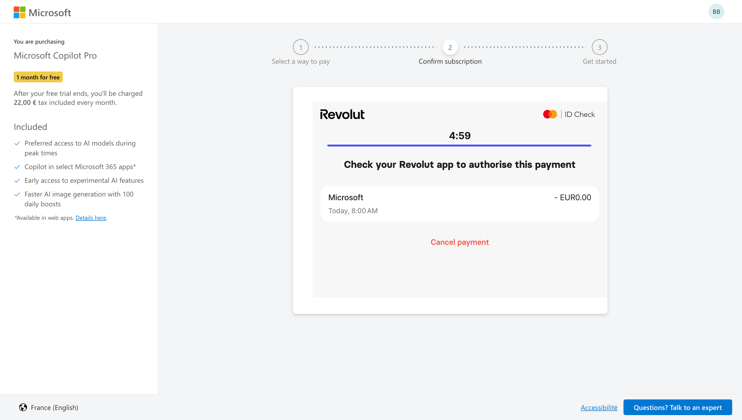 Copilot - Microsoft Checkout screen
