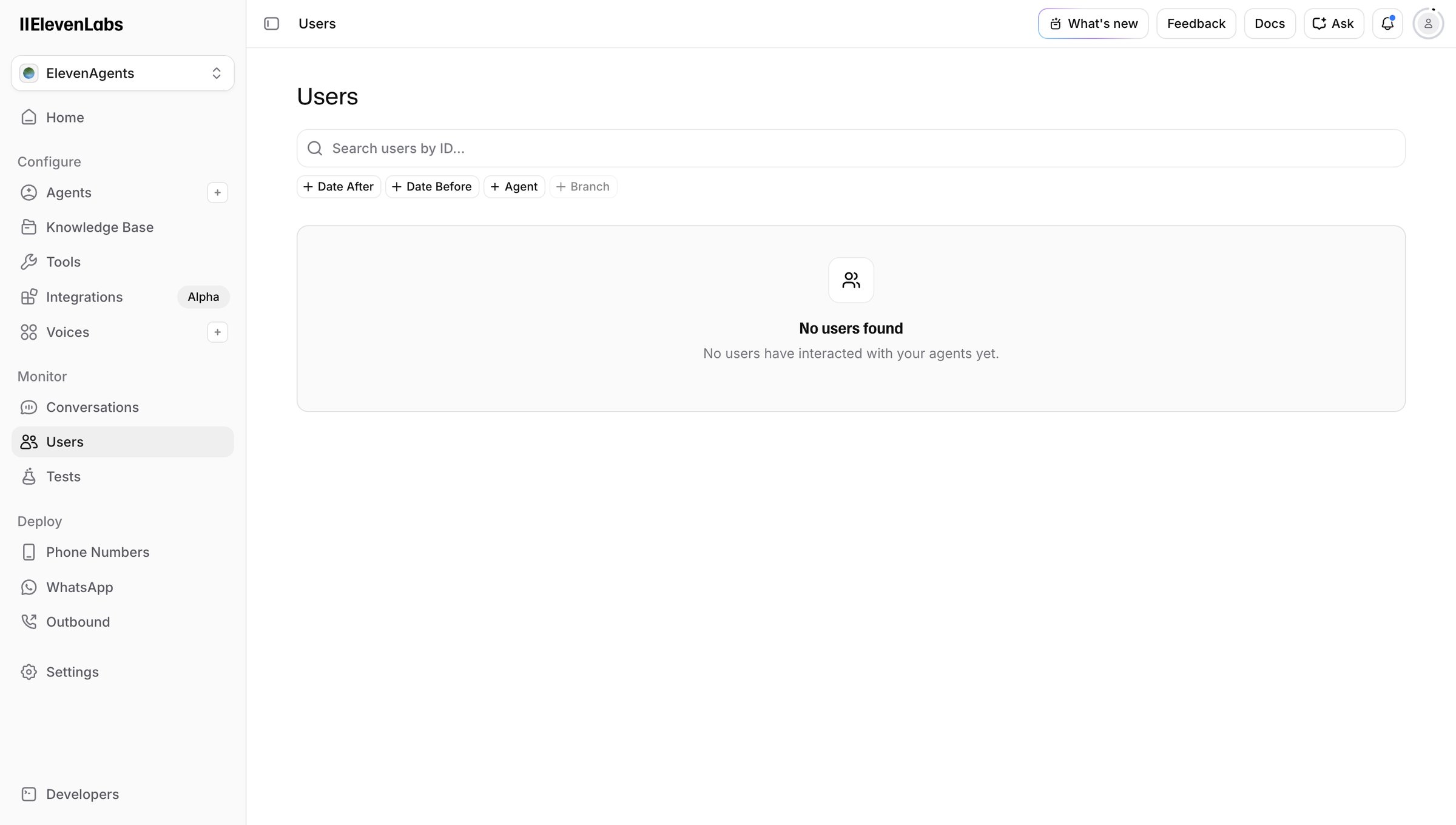 Elevenlabs - ElevenAgents - Users | ElevenLabs screen