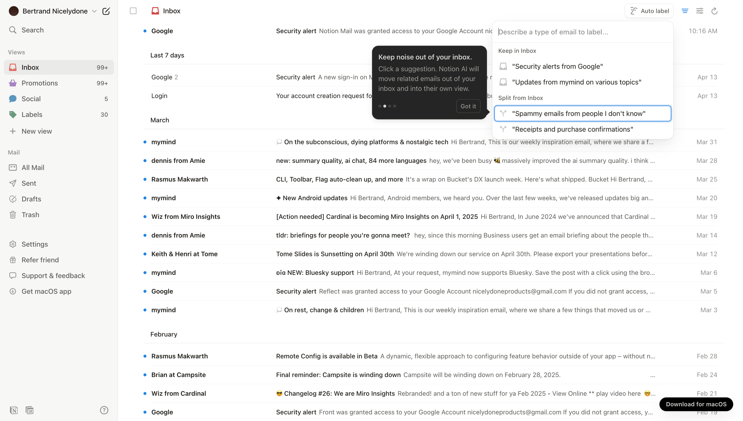 Notion Mail - 99+ • Inbox • nicelydoneproducts@gmail.com • Notion Mail screen