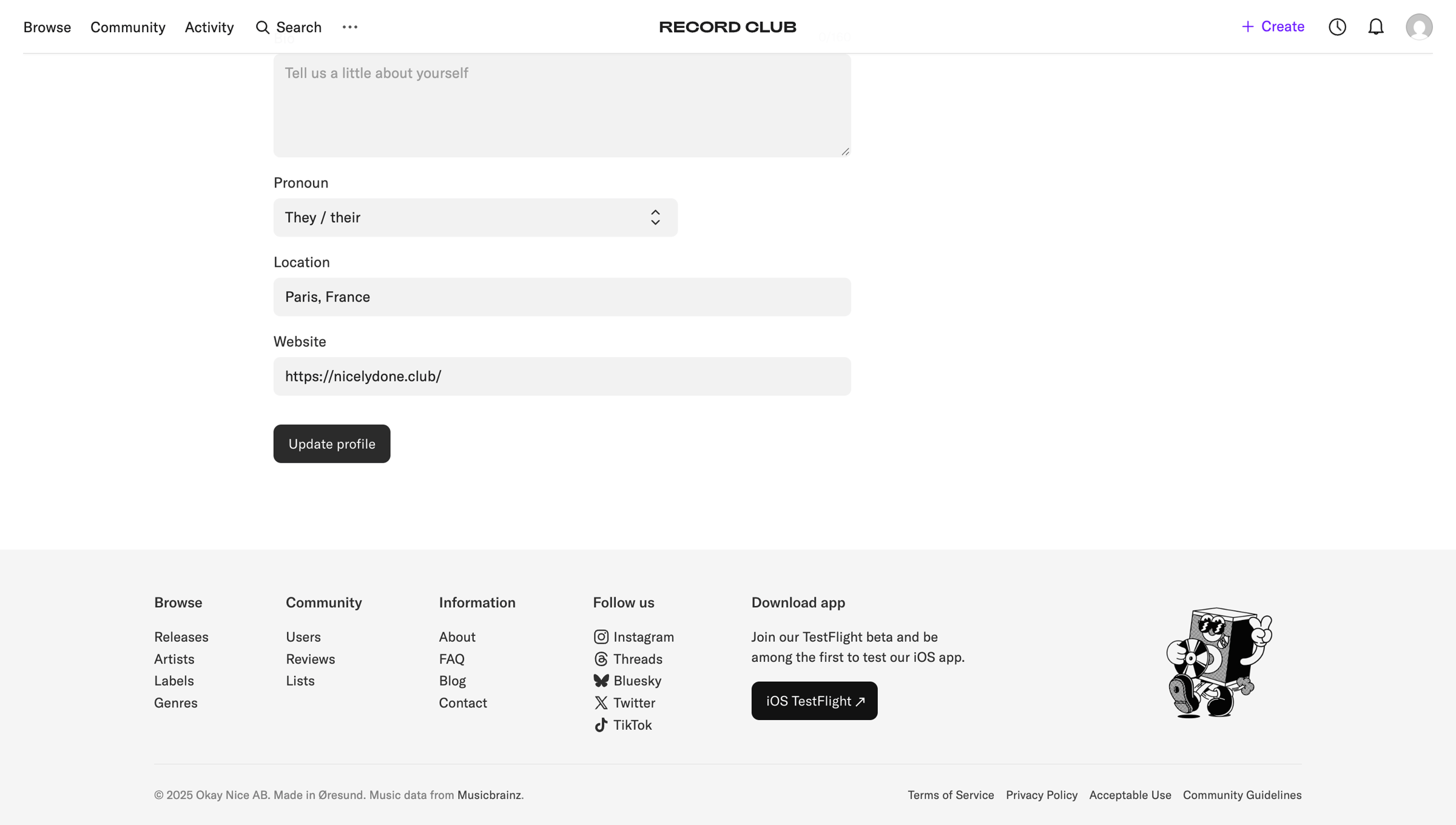 Record club - Settings – Record Club screen