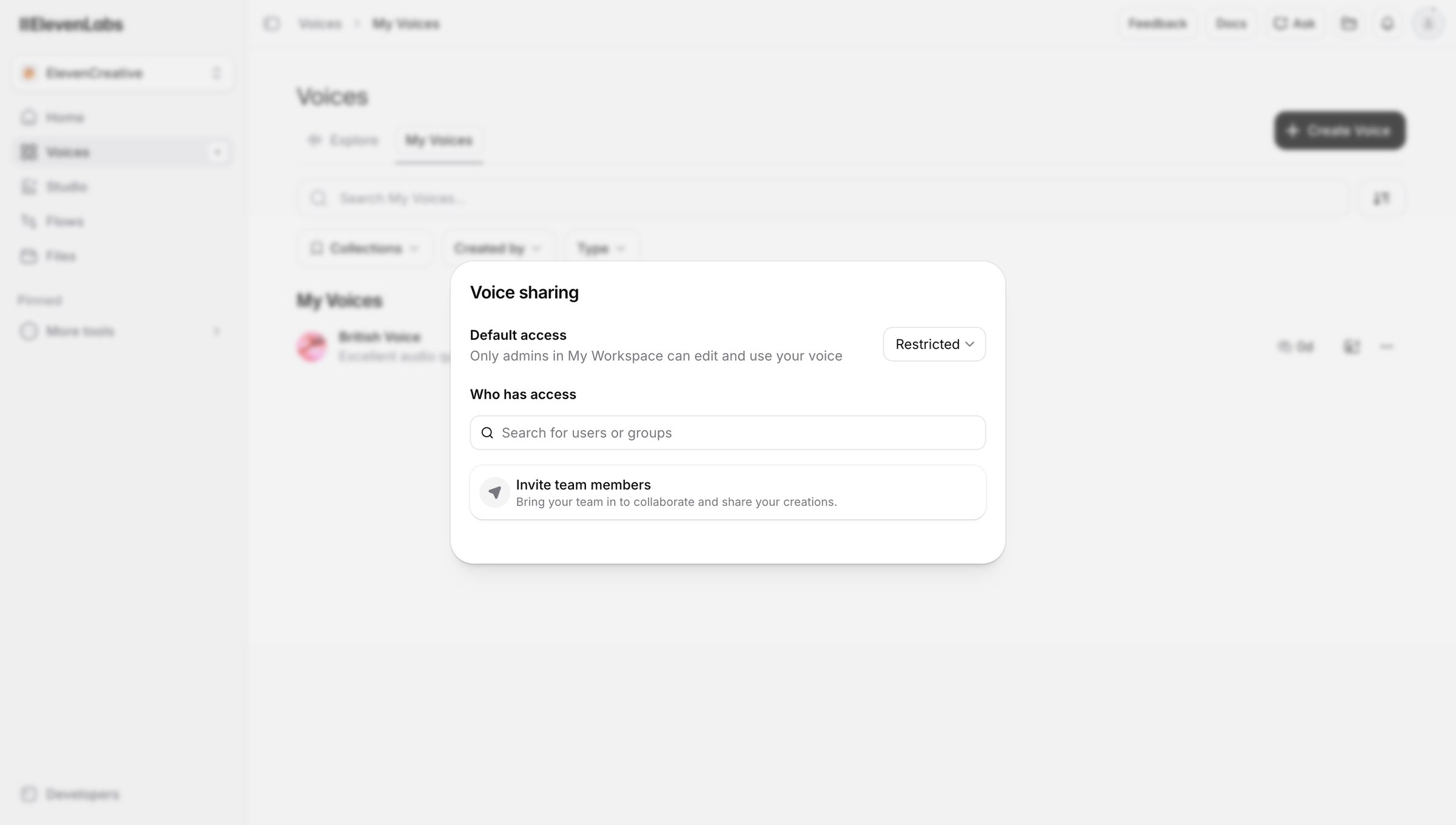 Elevenlabs - Voices | ElevenLabs screen