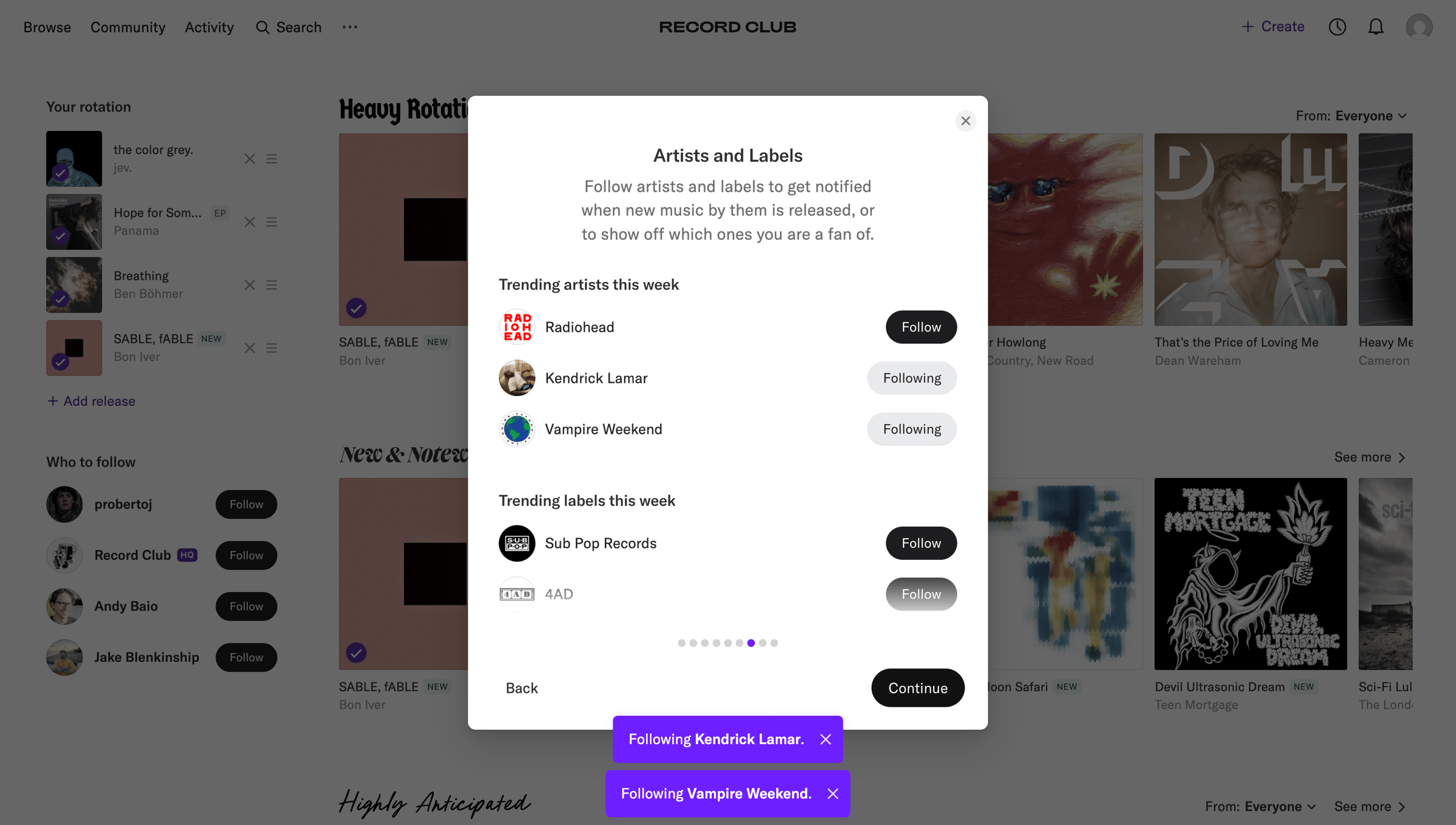 Record club - Record Club screen