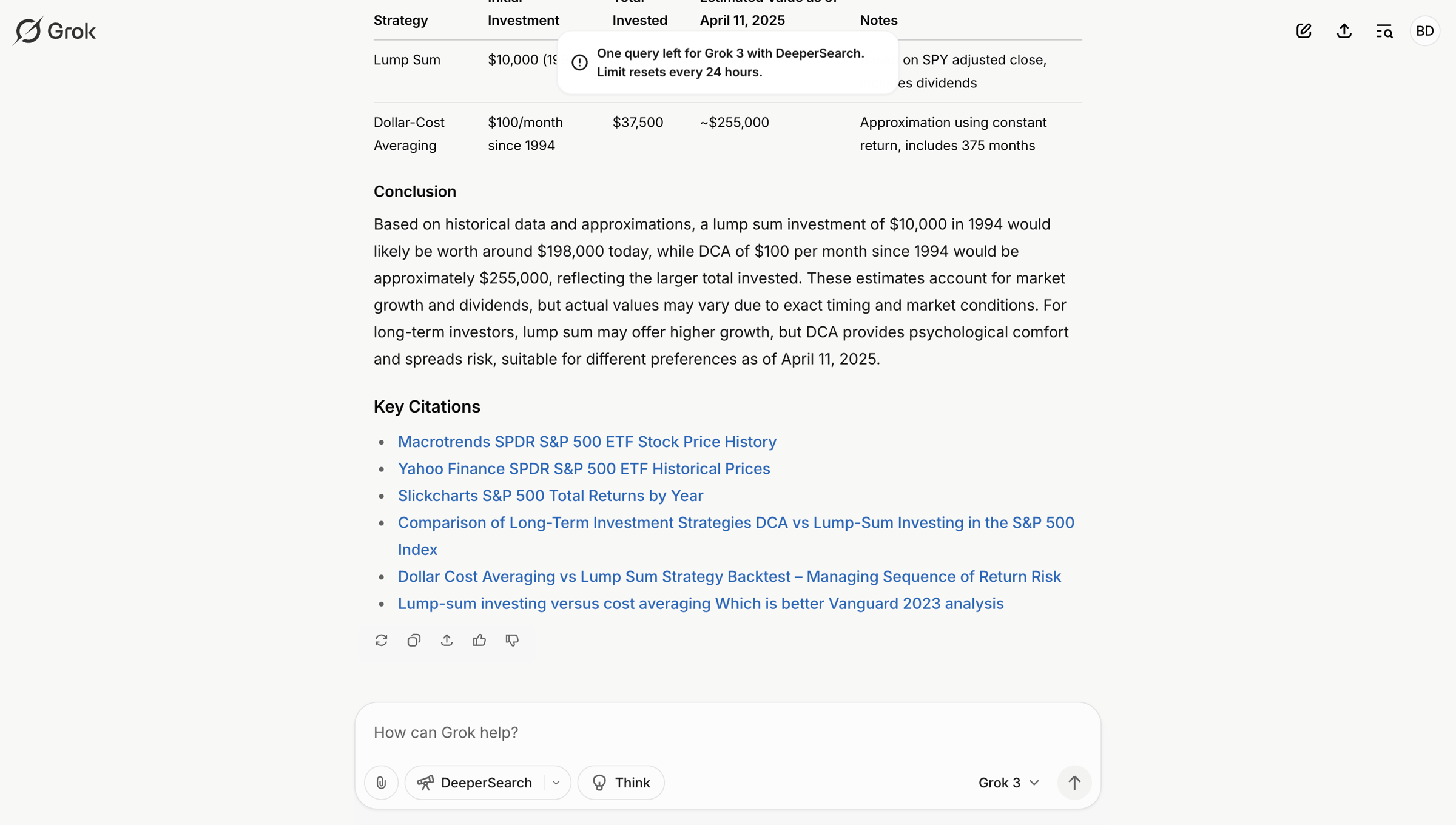 Grok - S&P 500 Investment Strategies: DCA vs. Lump Sum - Grok screen