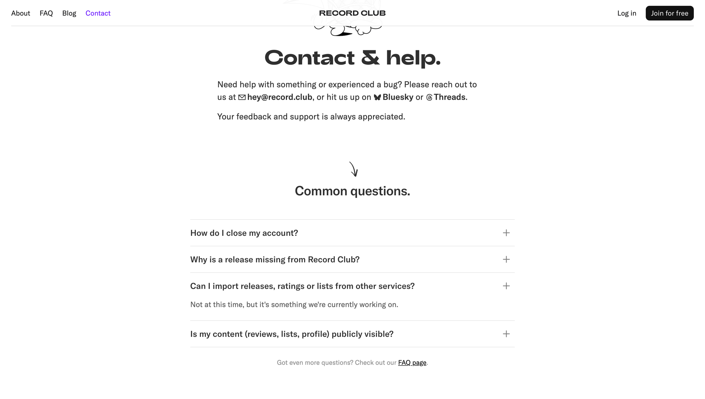 Record club - Contact & Help – Record Club screen