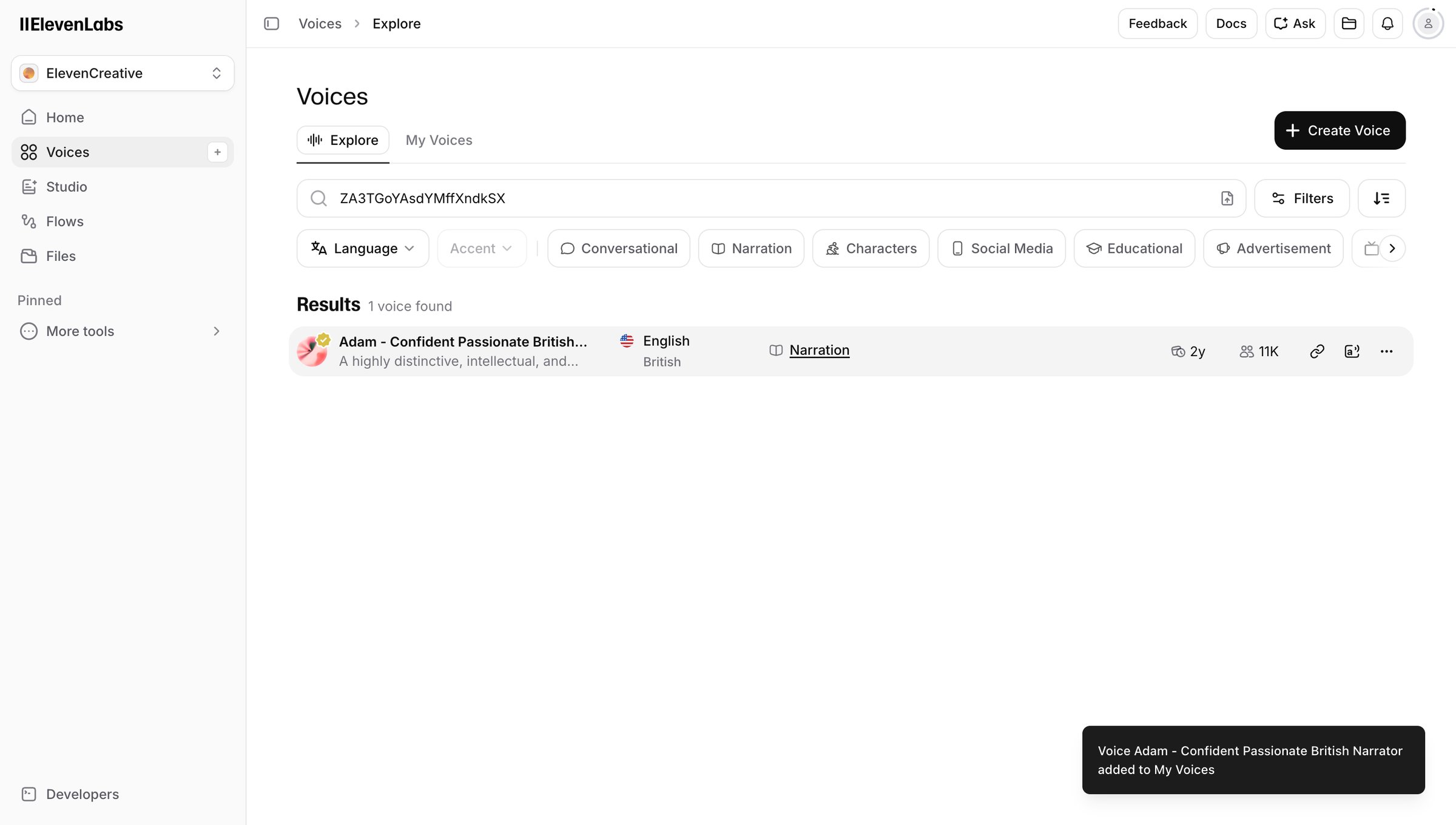 Elevenlabs - Voices | ElevenLabs screen