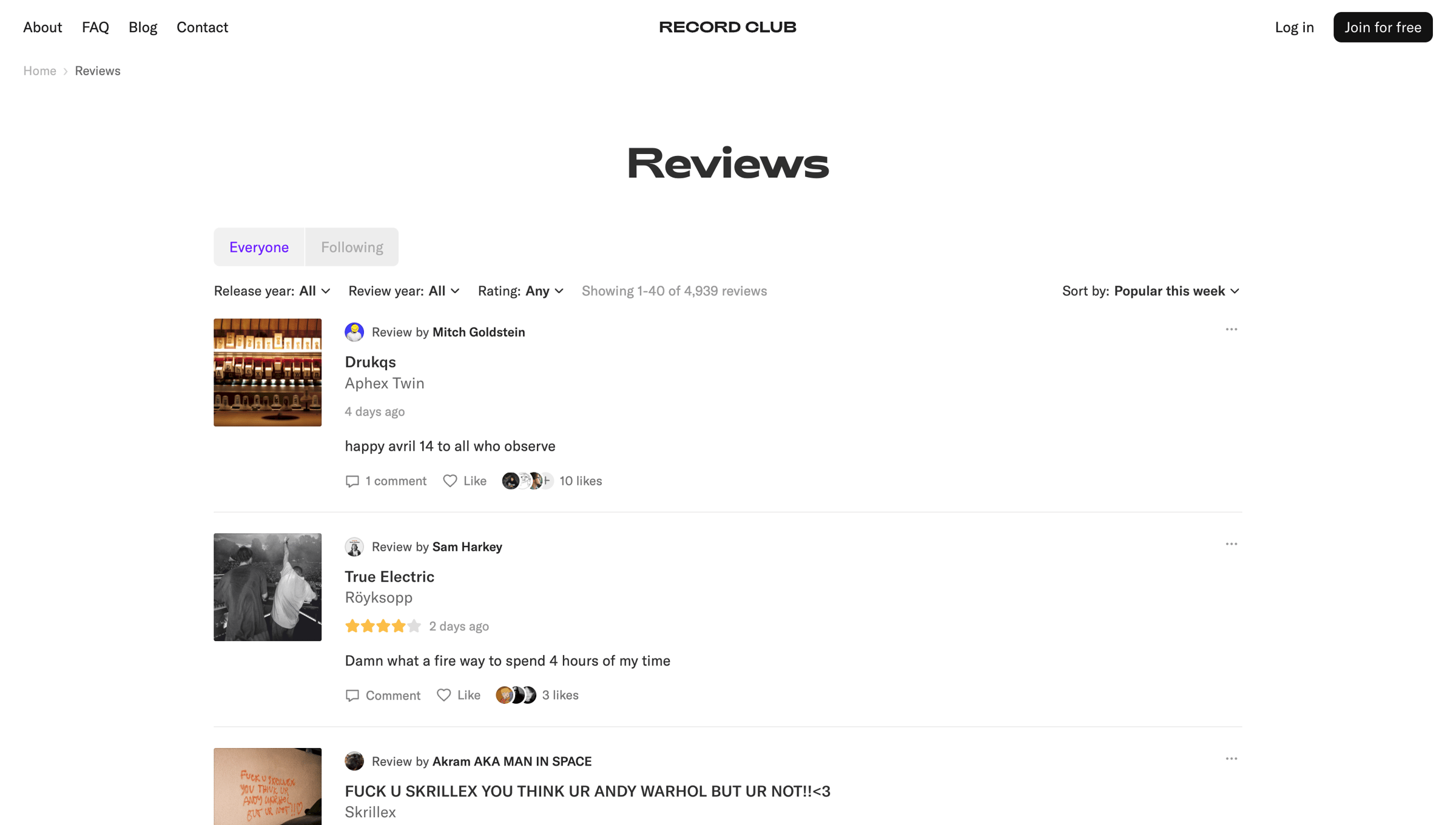 Record club - Reviews – Record Club screen