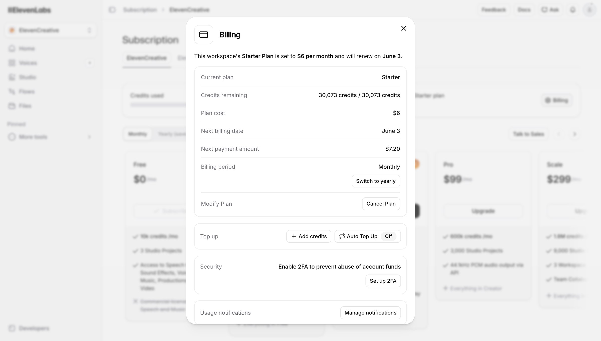 Elevenlabs - Subscription | ElevenLabs screen