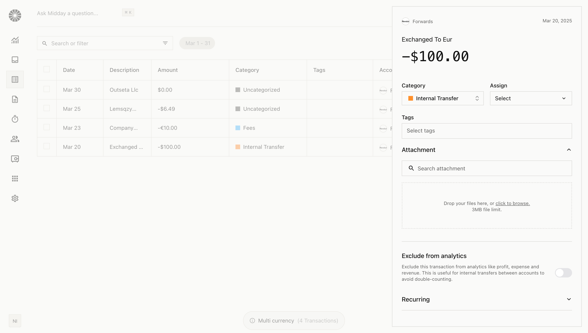 Midday - Transactions | Midday screen