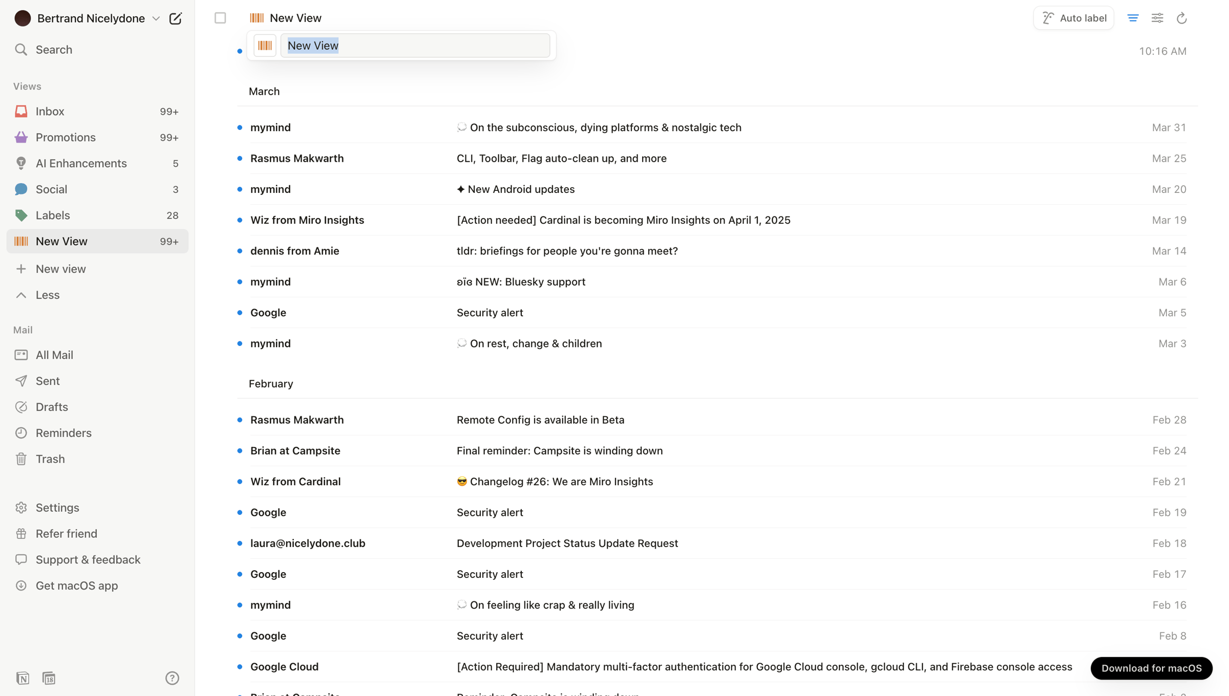 Notion Mail - 99+ • New View • nicelydoneproducts@gmail.com • Notion Mail screen