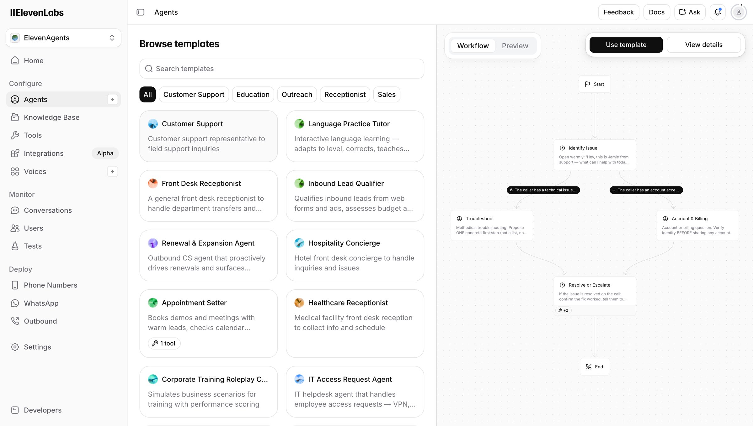 Elevenlabs - Agents | ElevenLabs screen