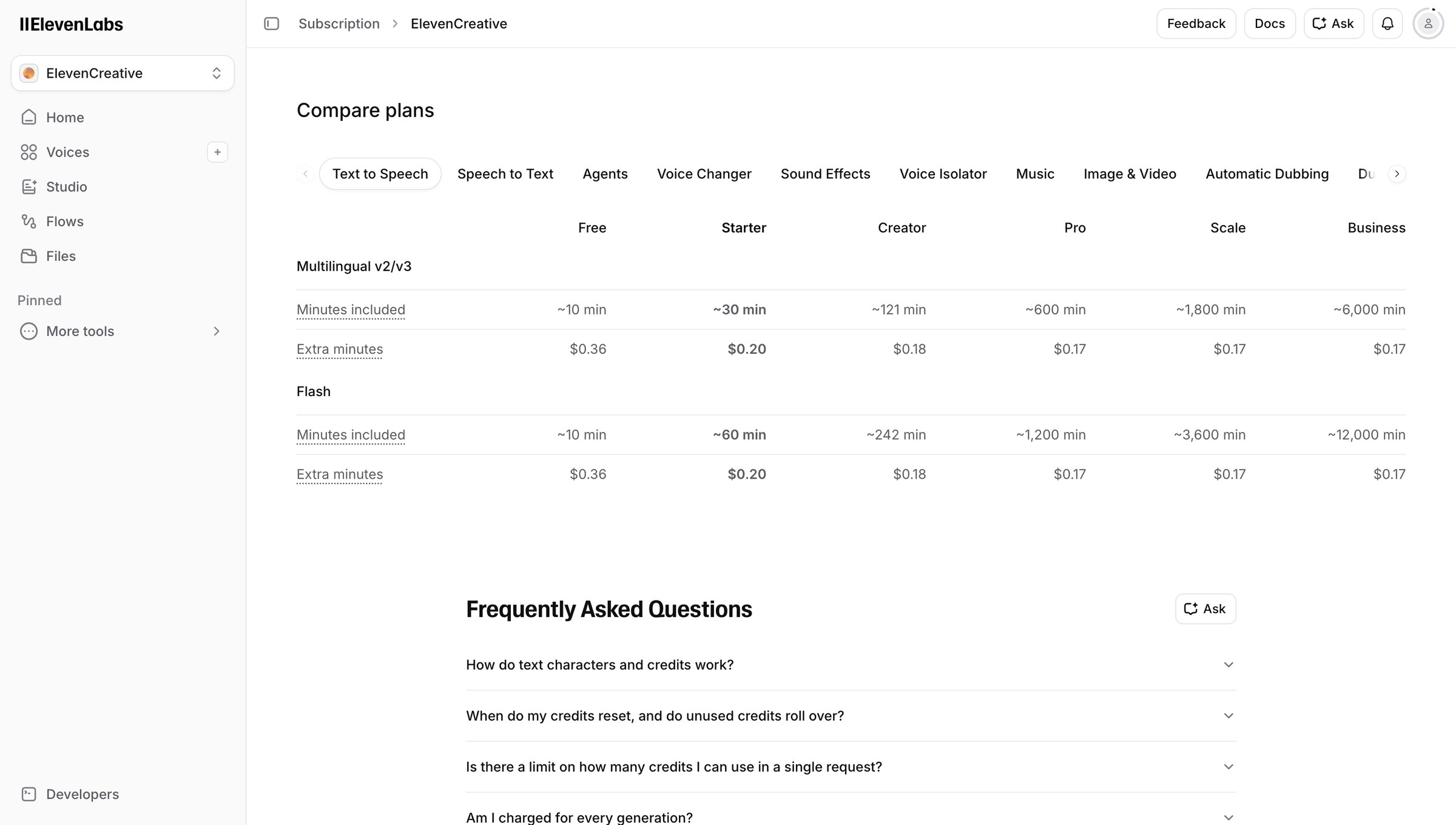Elevenlabs - Subscription | ElevenLabs screen