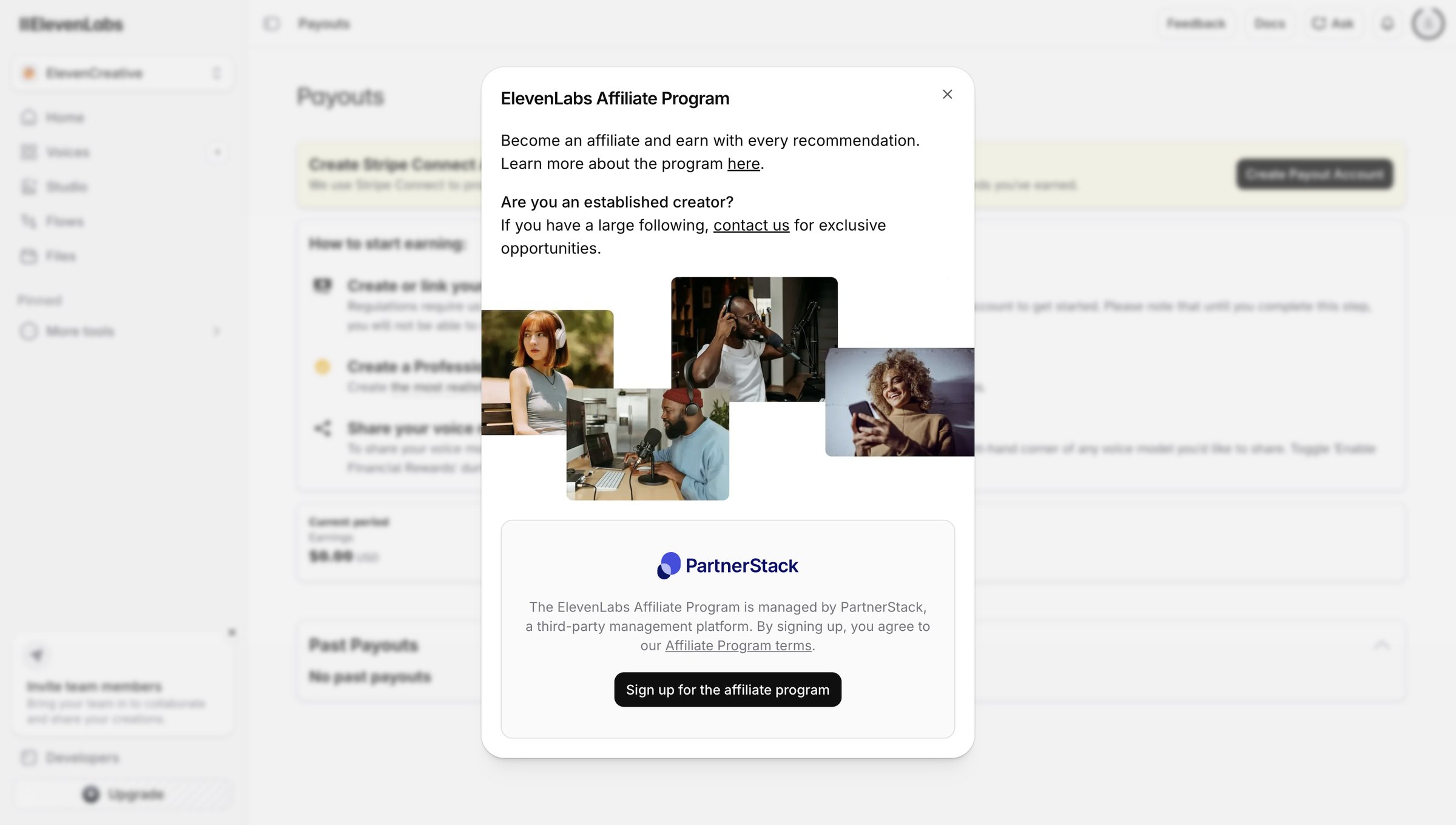 Elevenlabs - Payouts | ElevenLabs screen