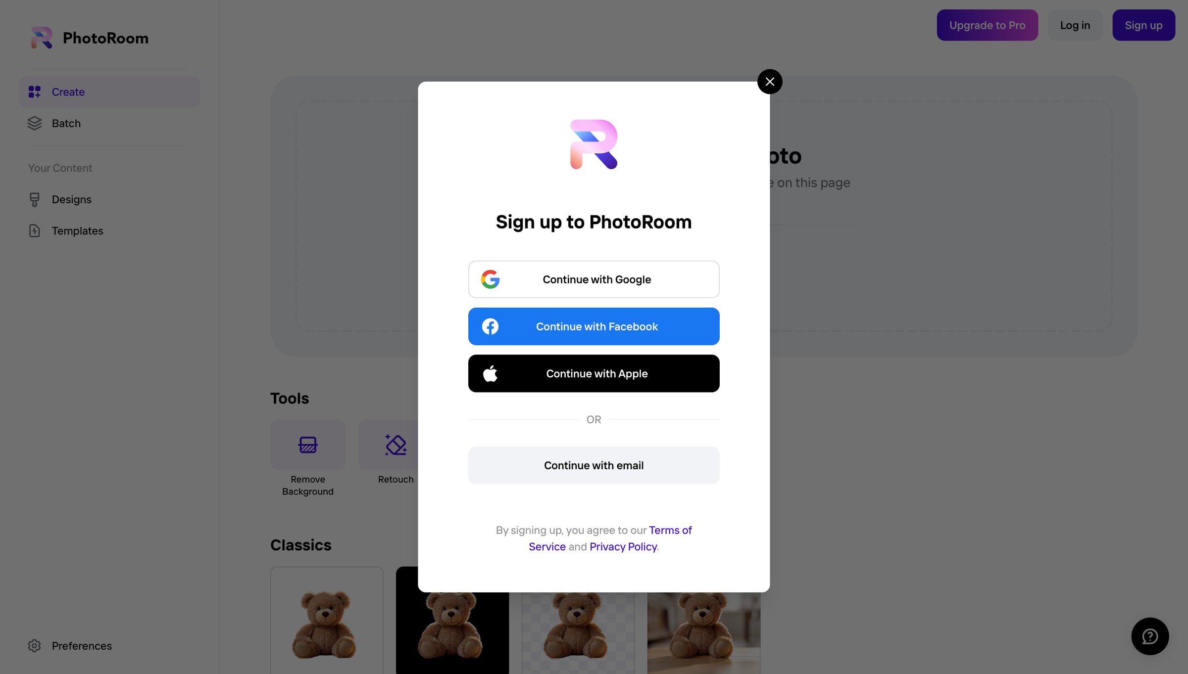 Photoroom - Create - PhotoRoom screen