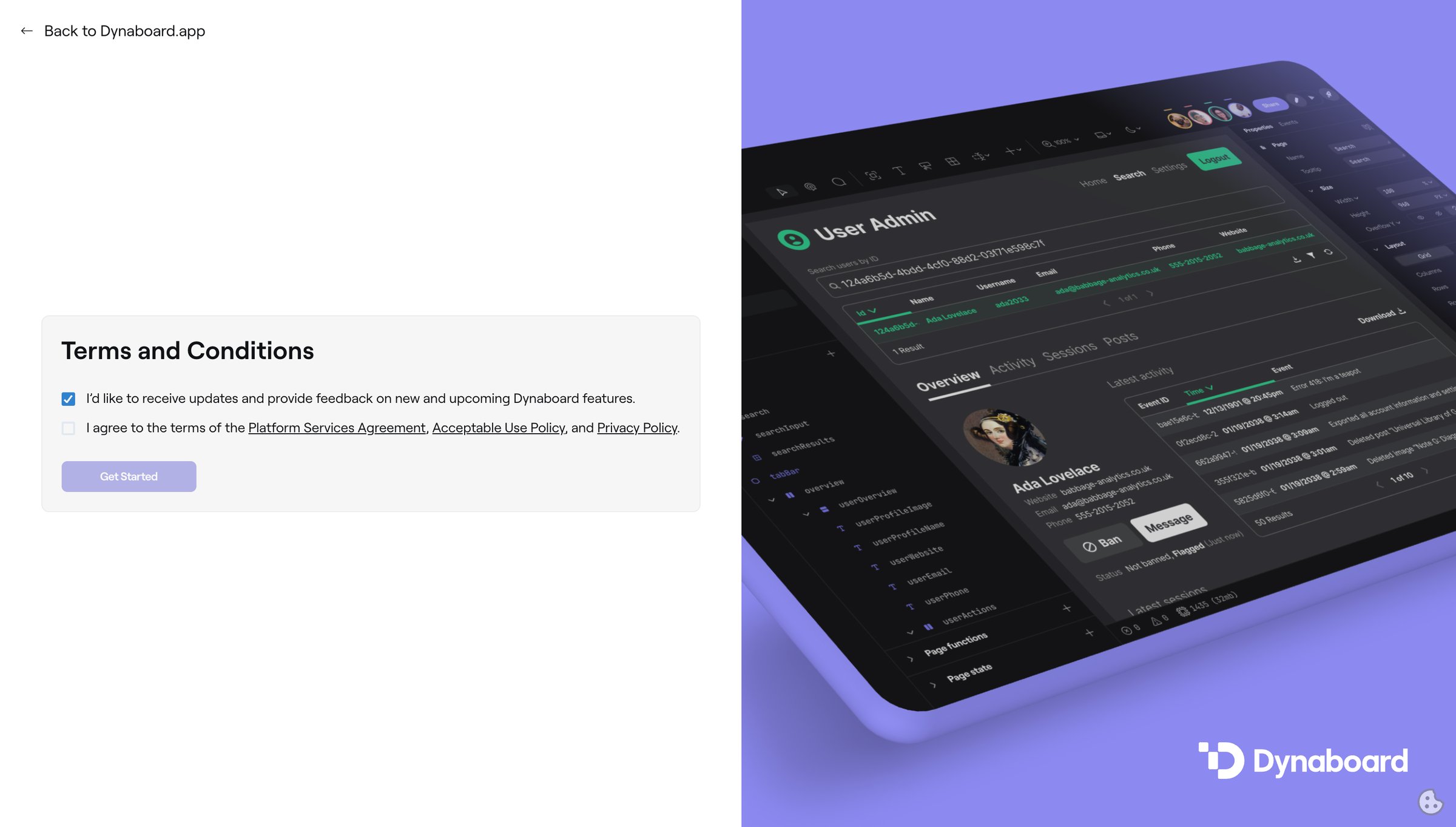 Dynaboard - Terms of Service • Dynaboard screen