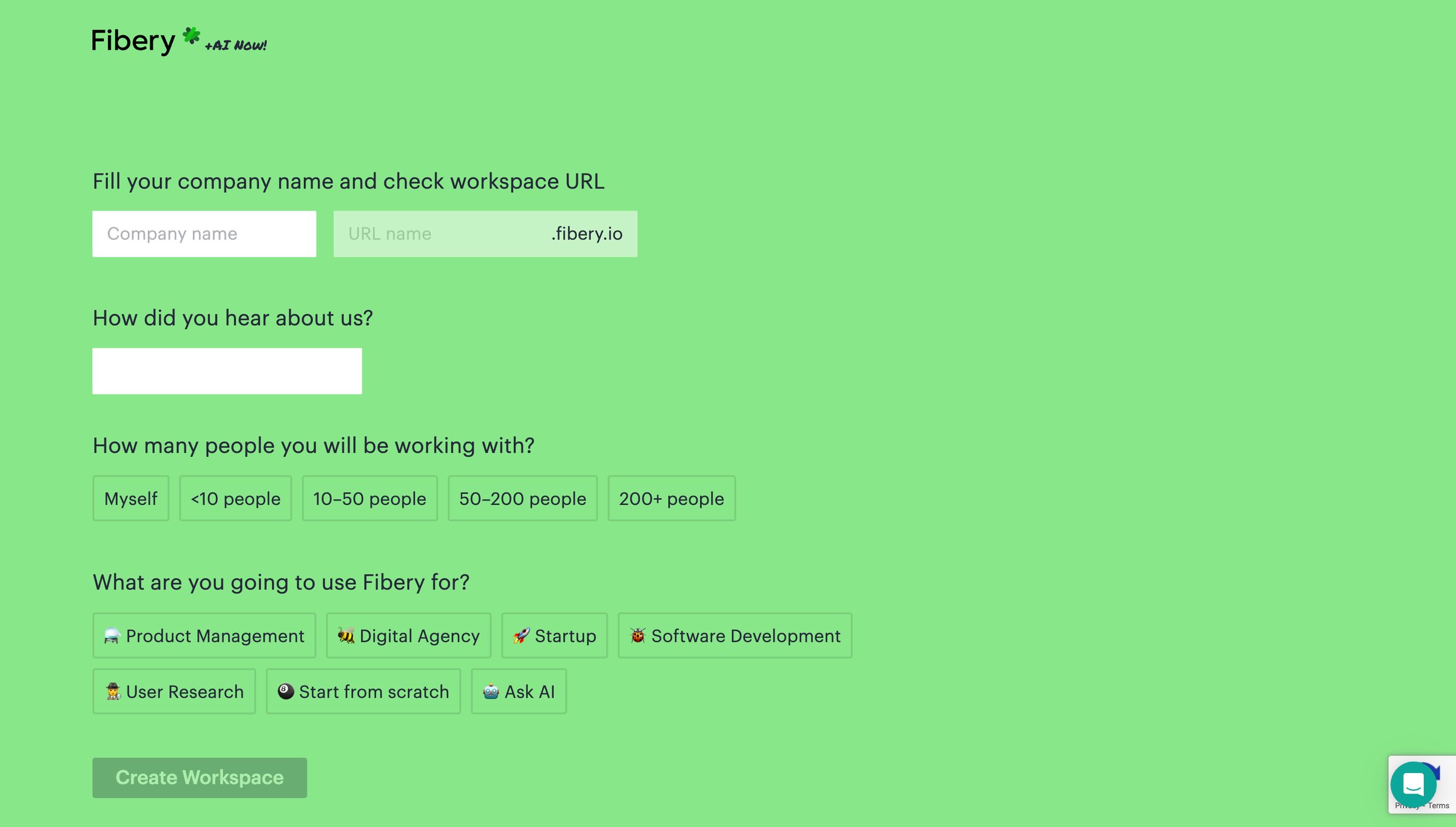 Fibery - Create workspace — Fibery — Fibery screen