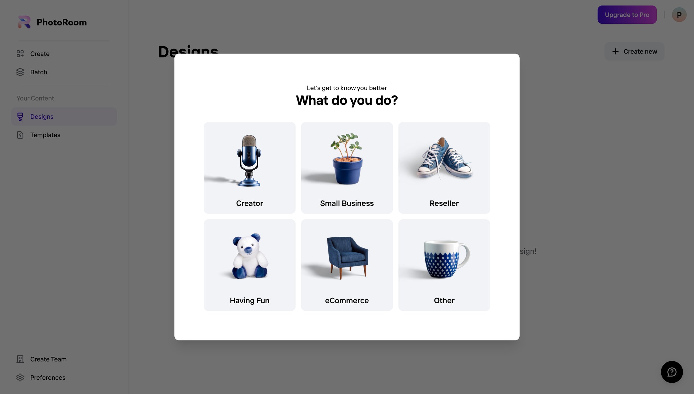 Photoroom - Your Content - Designs - PhotoRoom screen