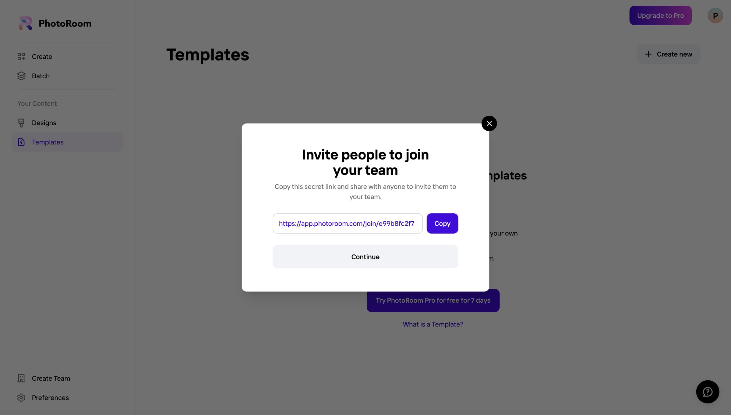 Photoroom - Your Content - Templates - PhotoRoom screen