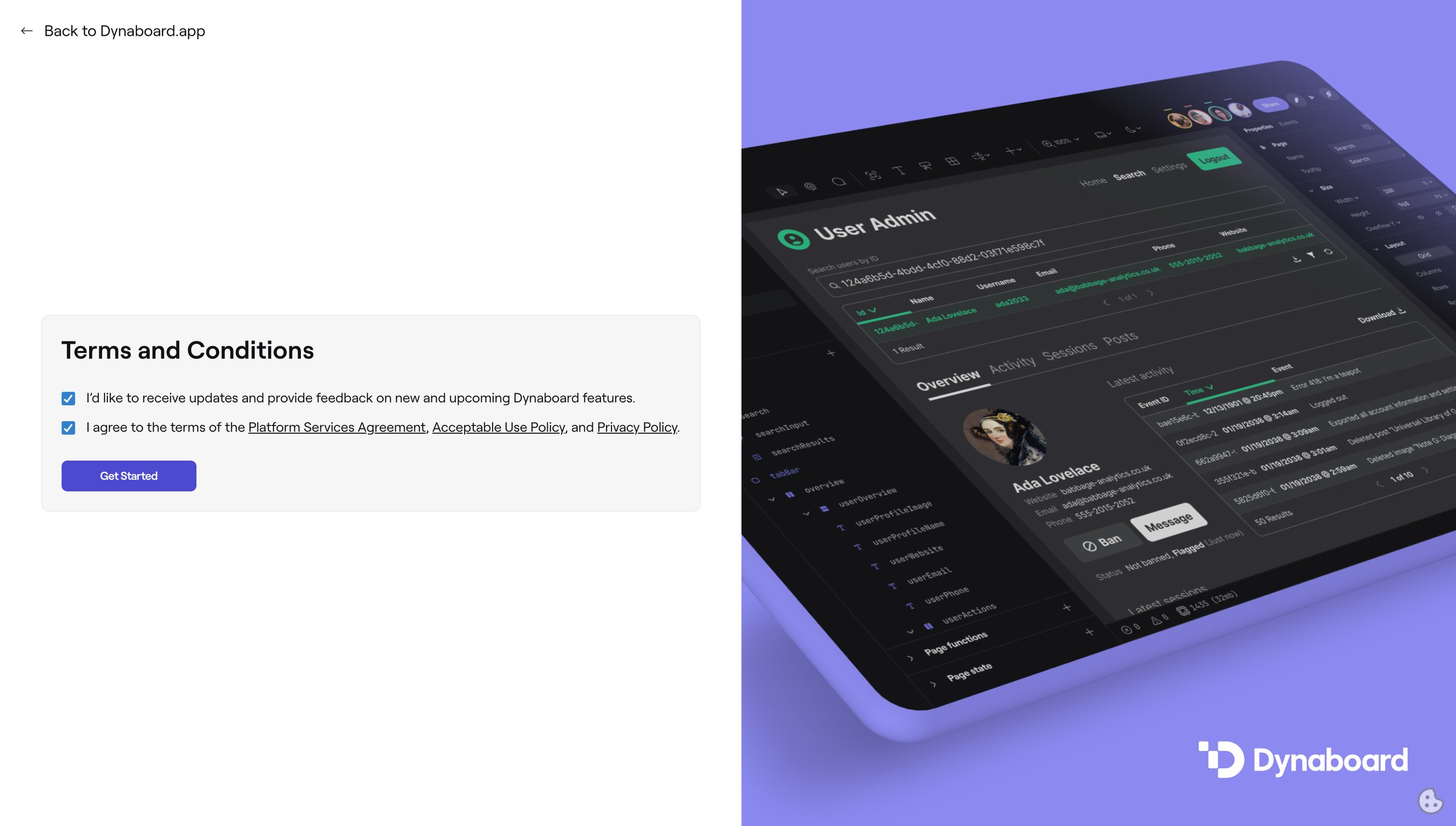 Dynaboard - Terms of Service • Dynaboard screen