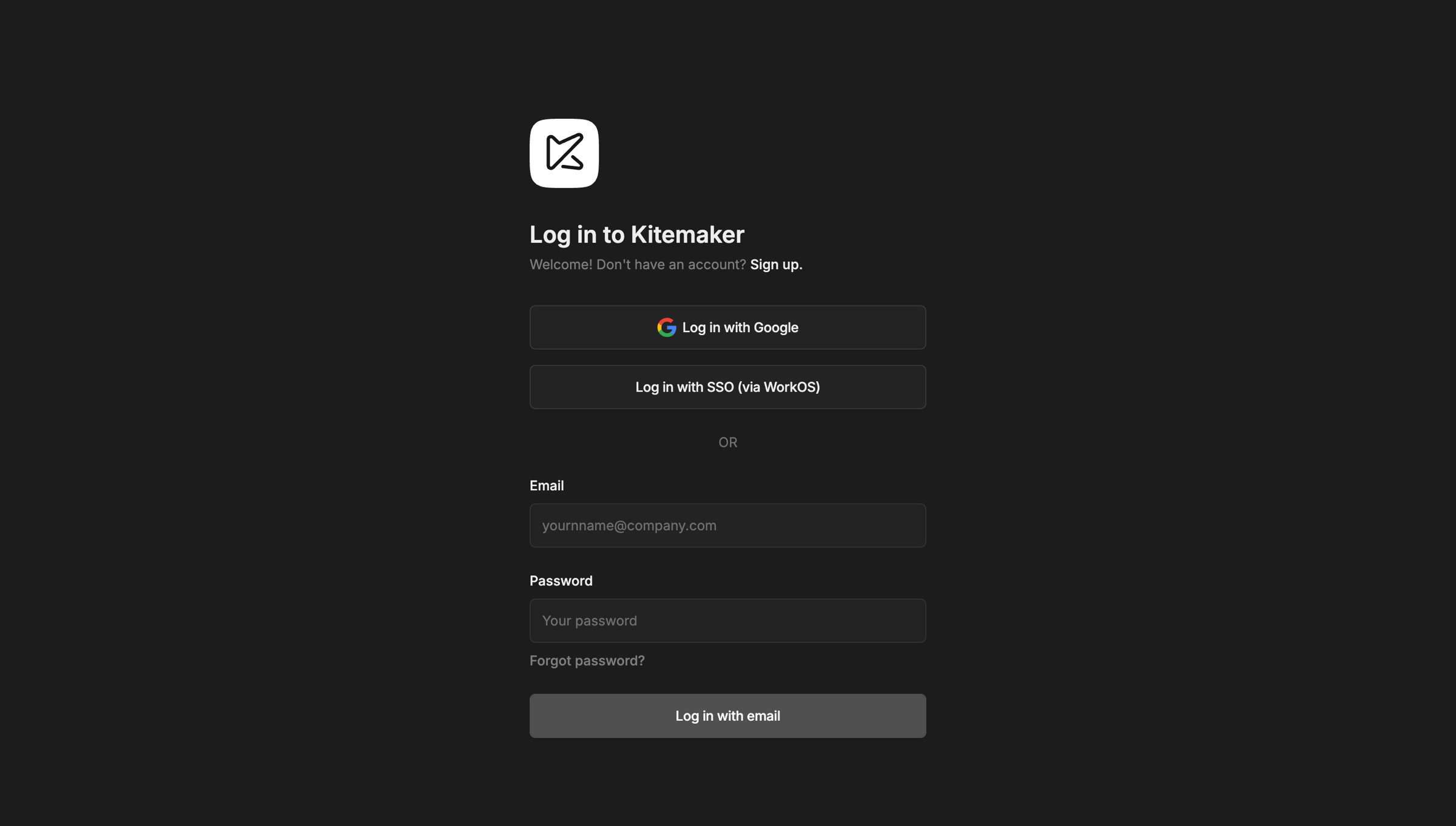 Kitemaker - Kitemaker · Log in screen