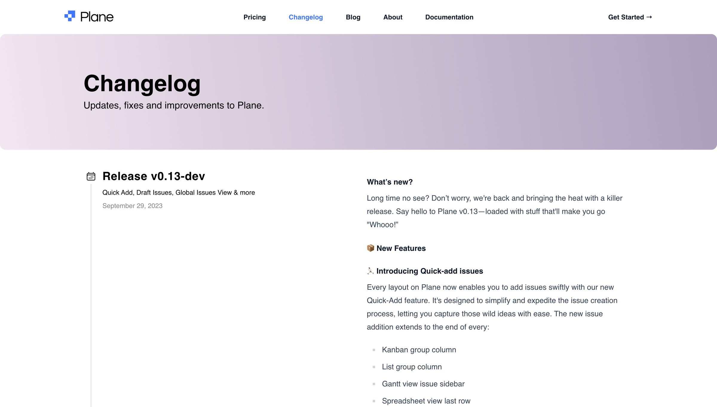 Plane - Changelog - Plane screen