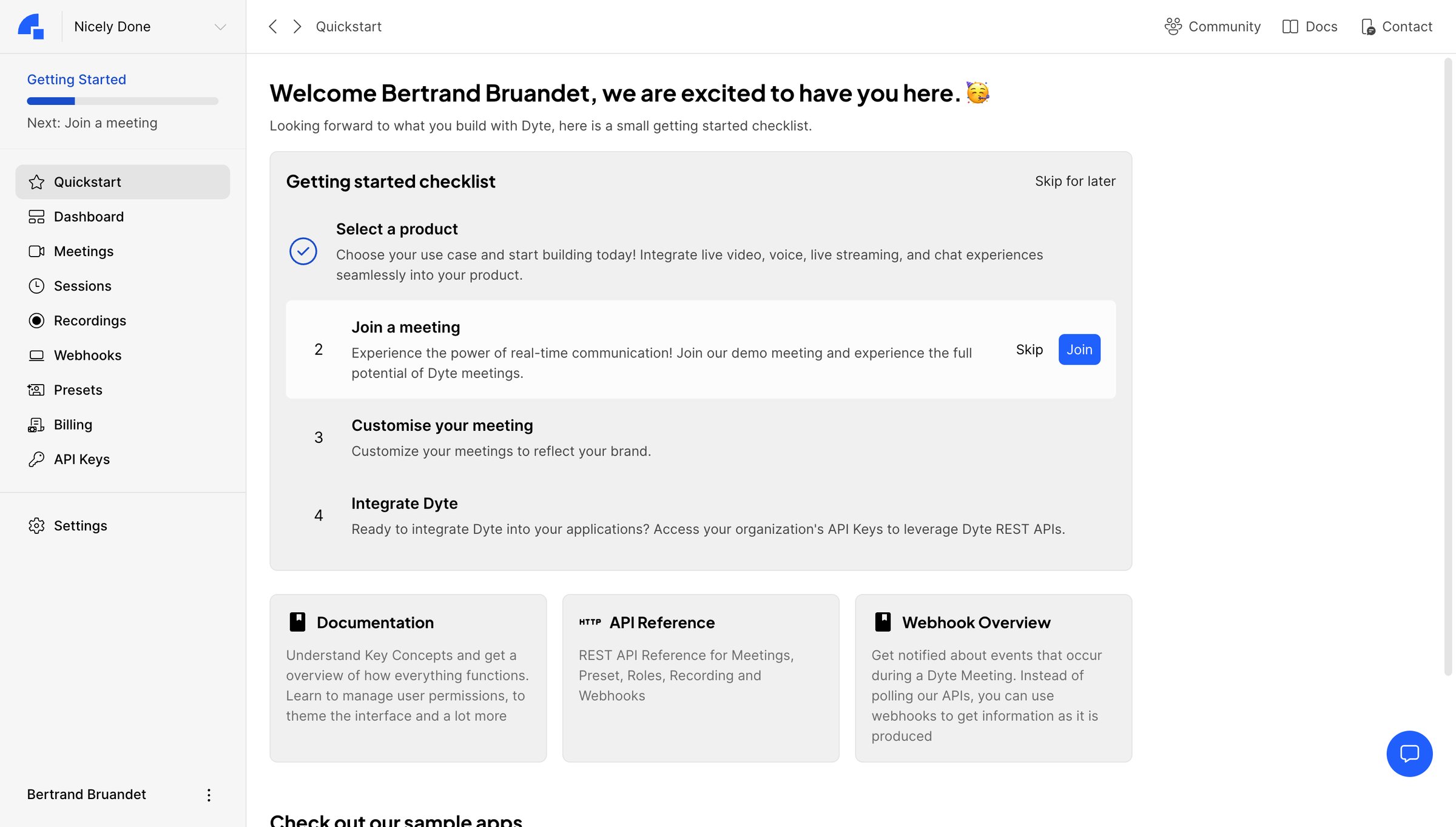 Dyte - Dyte - Developer Portal screen