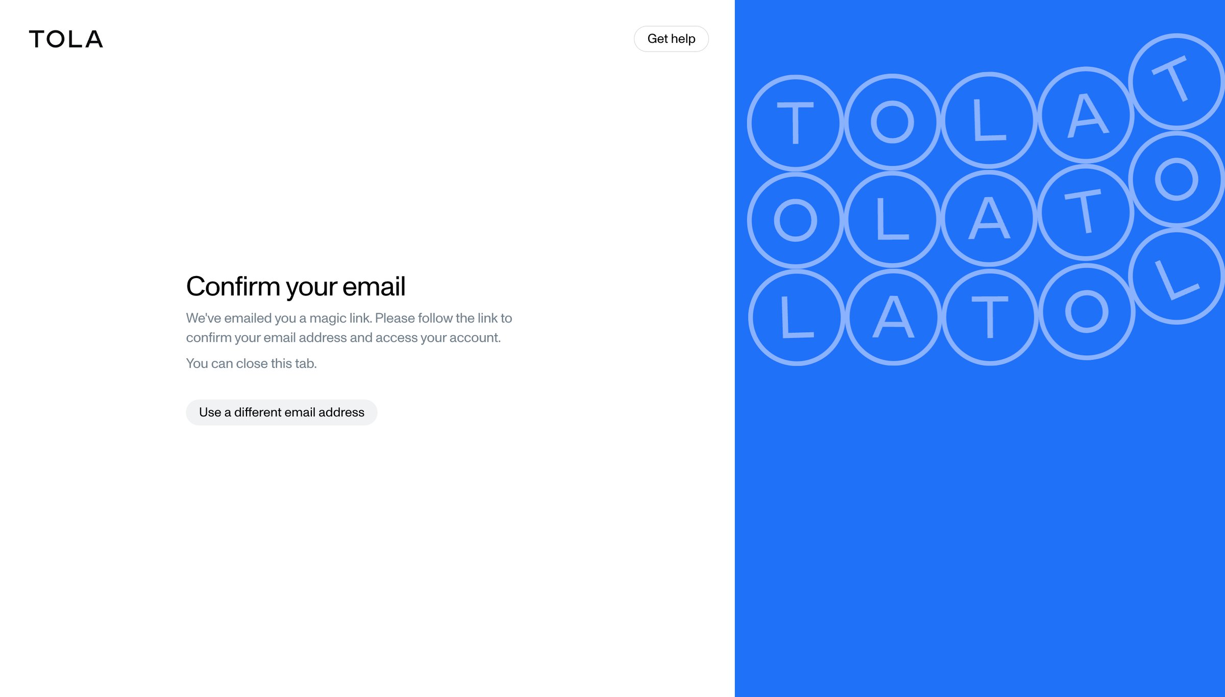 Tola - Confirm your email • Tola screen
