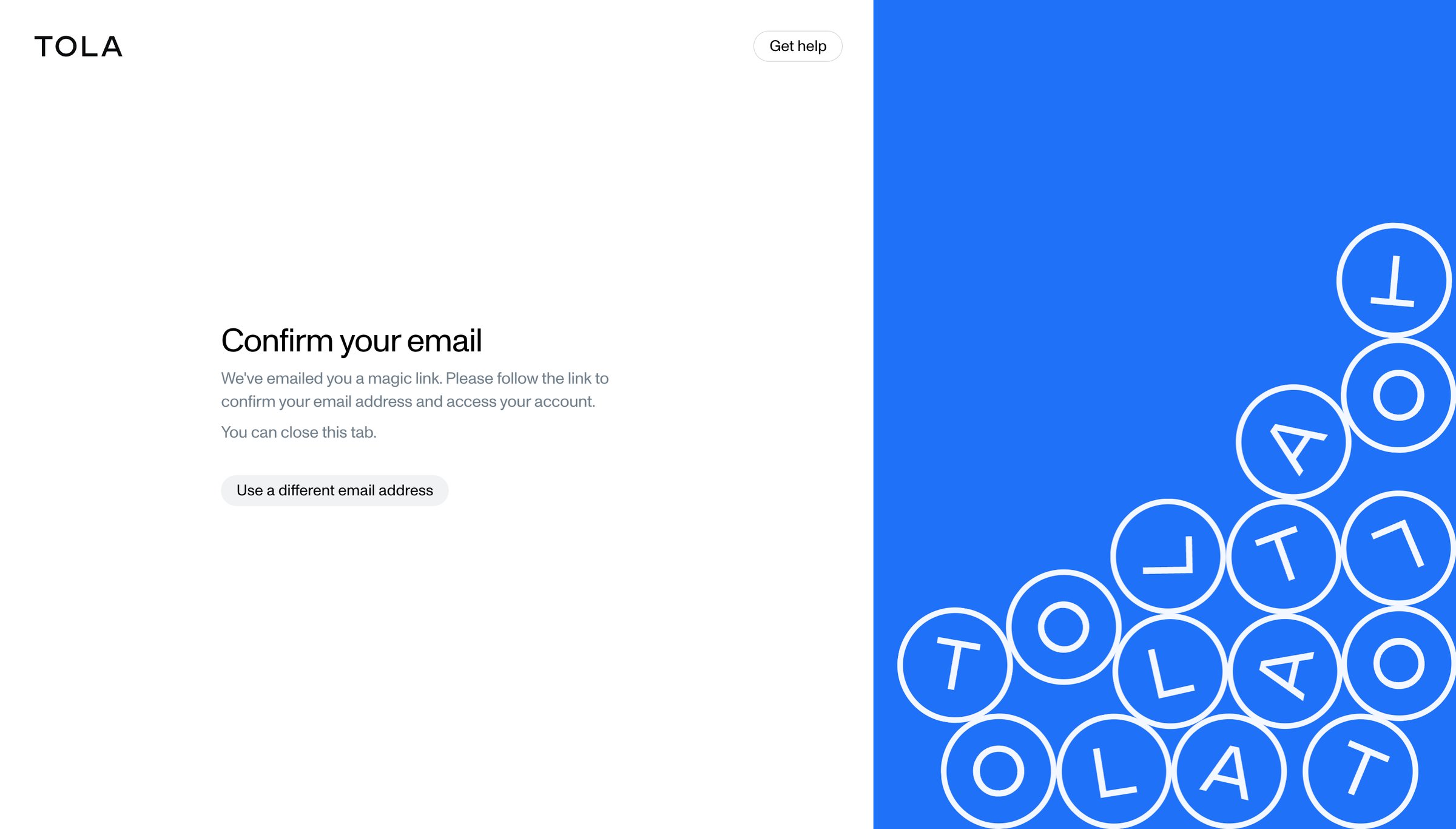 Tola - Confirm your email • Tola screen