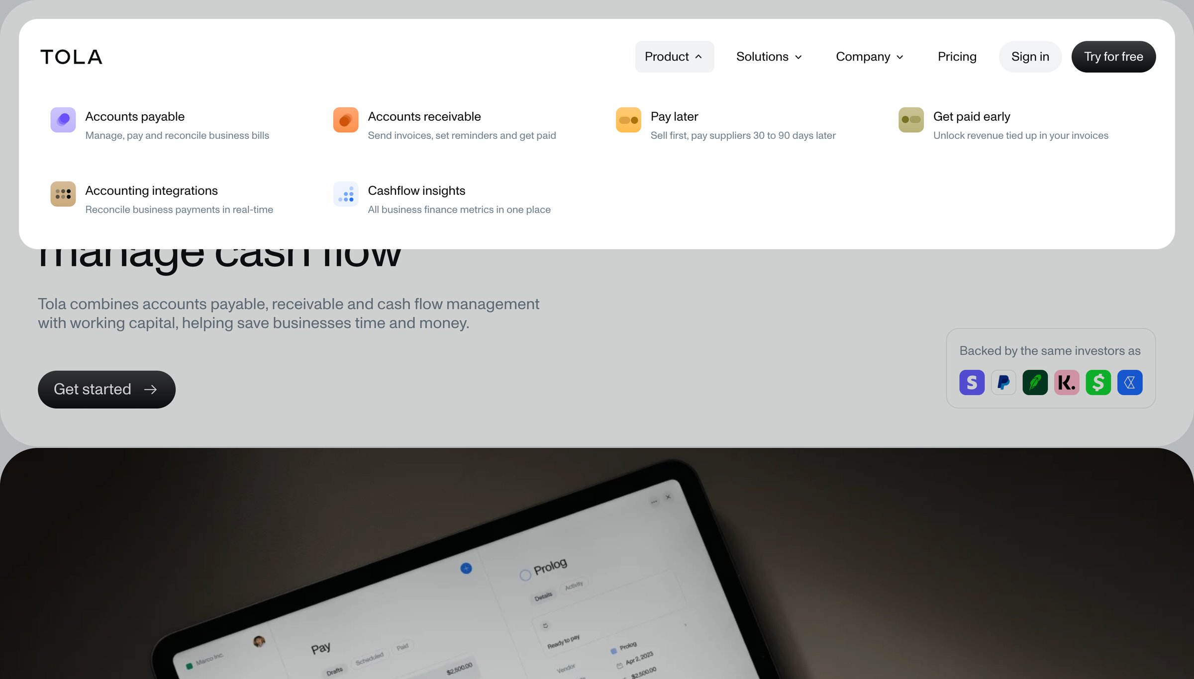 Tola - Tola - Accounts payable, accounts receivable and cash flow manage screen