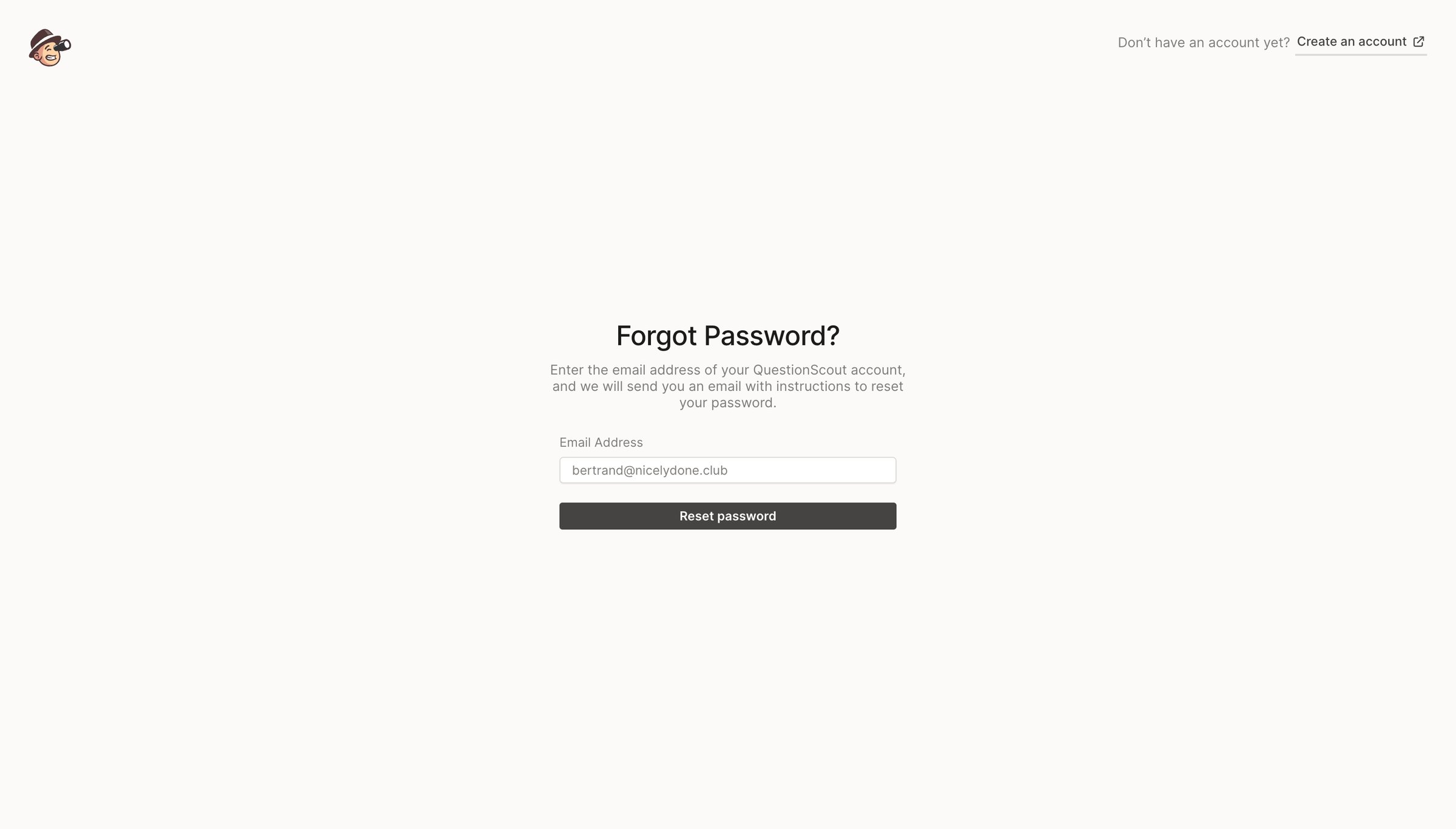 QuestionScout - Restore Password - QuestionScout screen