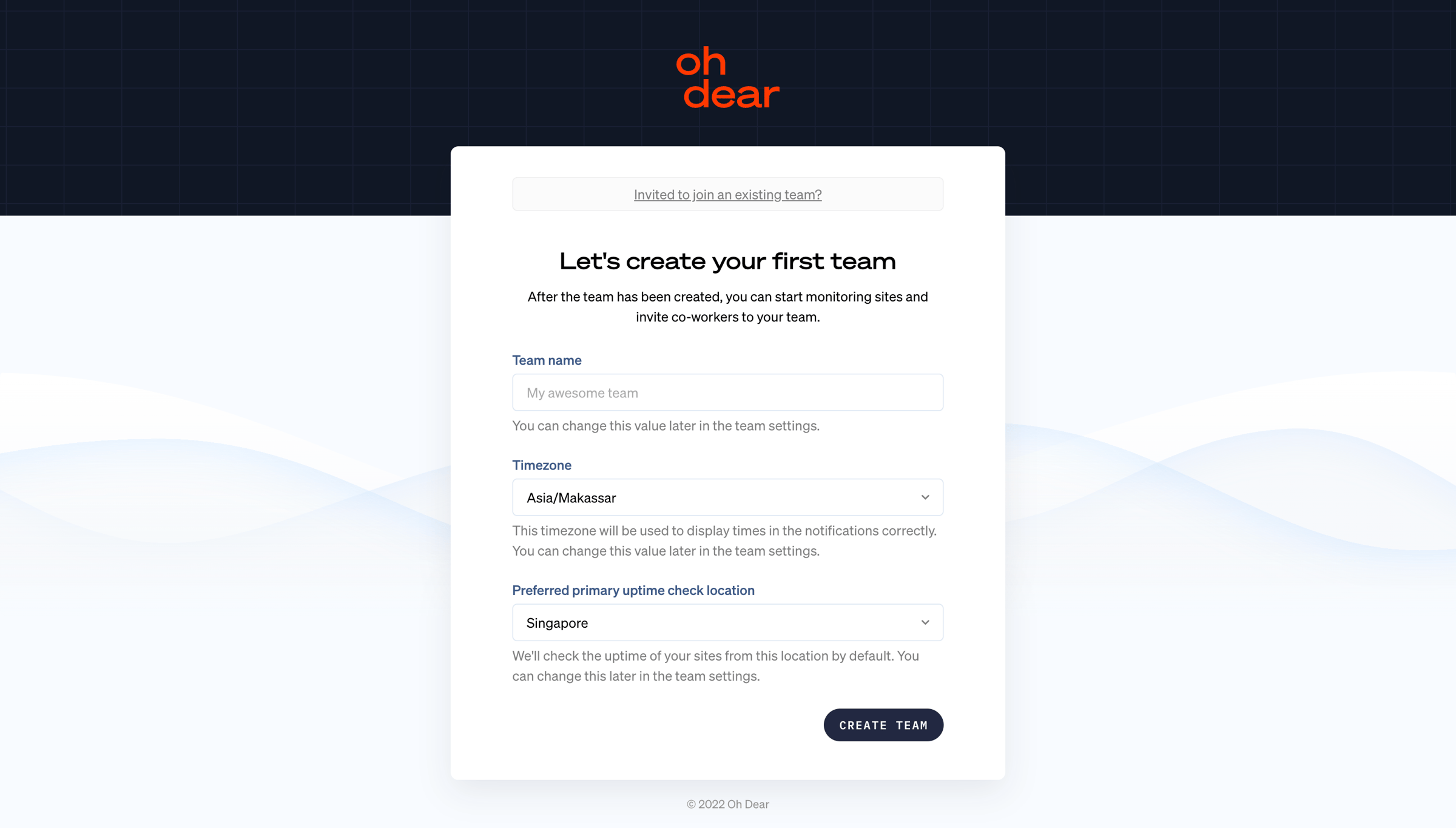 Oh Dear - Create your first team - Oh Dear screen