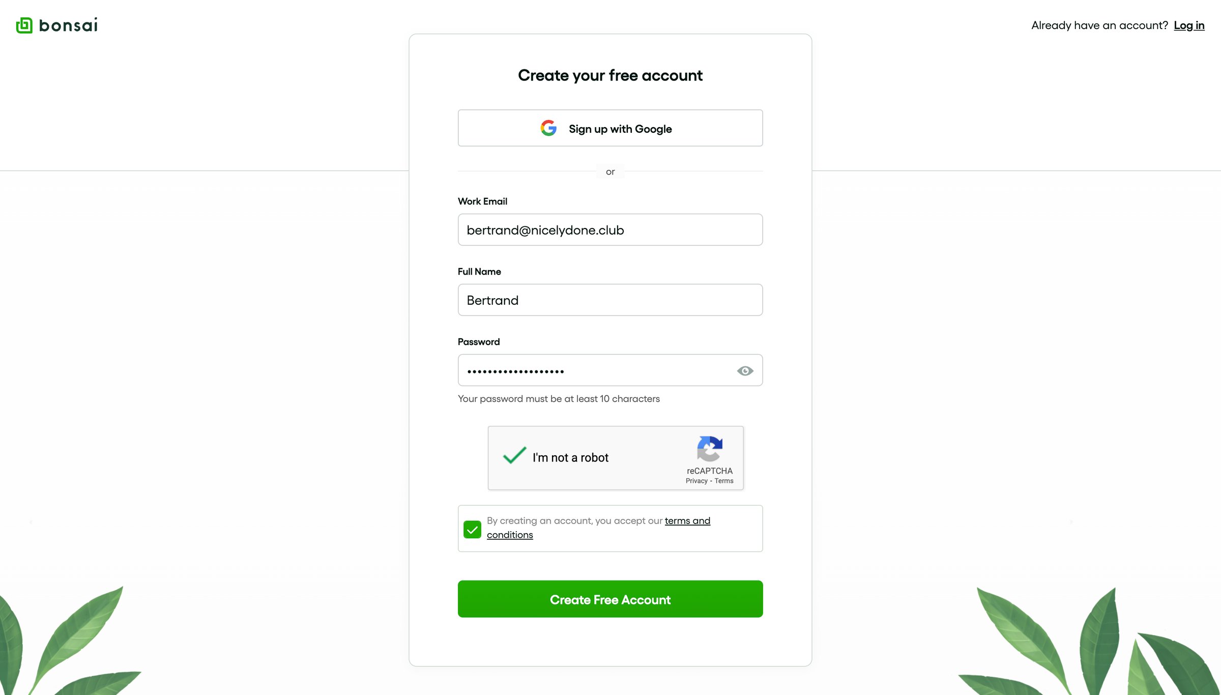 Bonsai - Sign Up - Bonsai screen