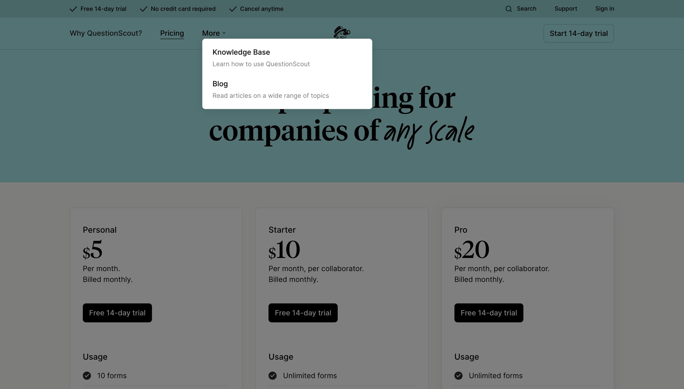 QuestionScout - Plans | Pricing QuestionScout screen
