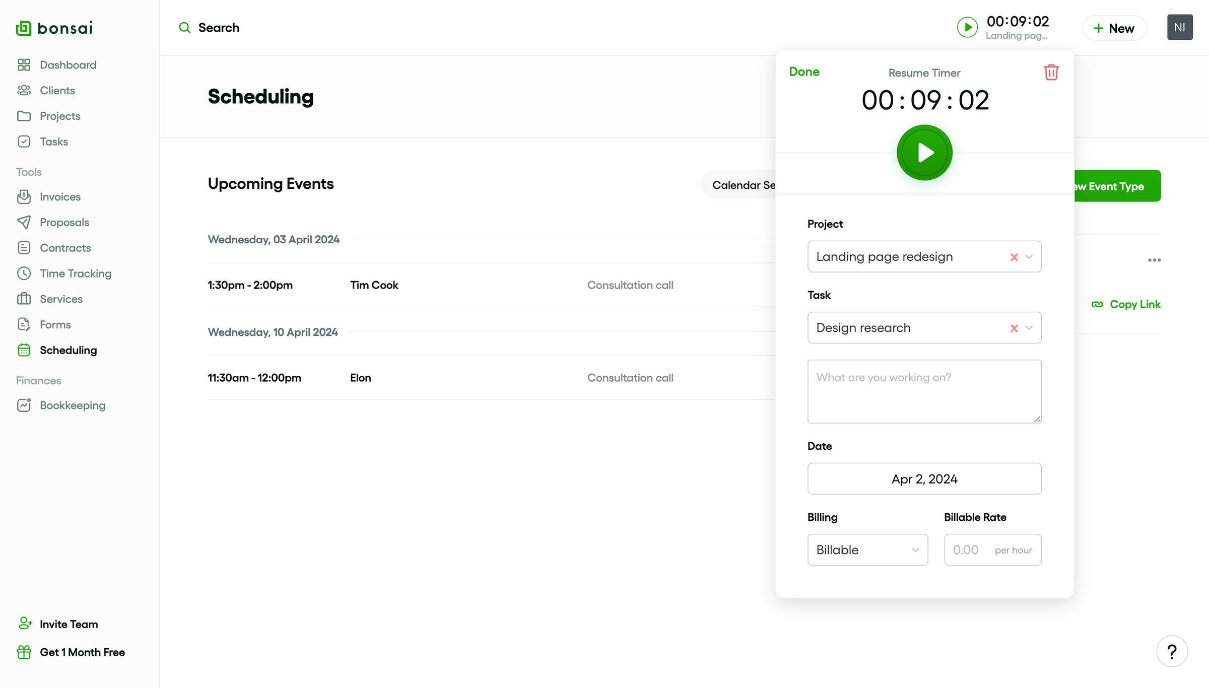 Bonsai - Scheduling - Bonsai screen