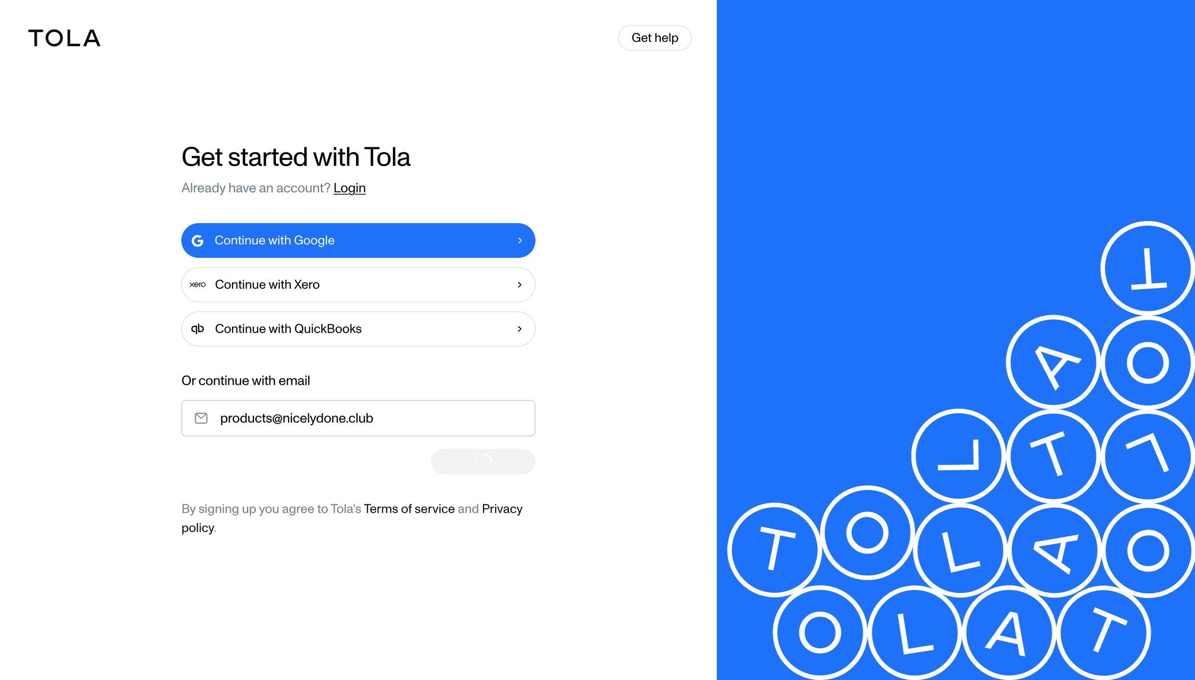 Tola - Get started • Tola screen