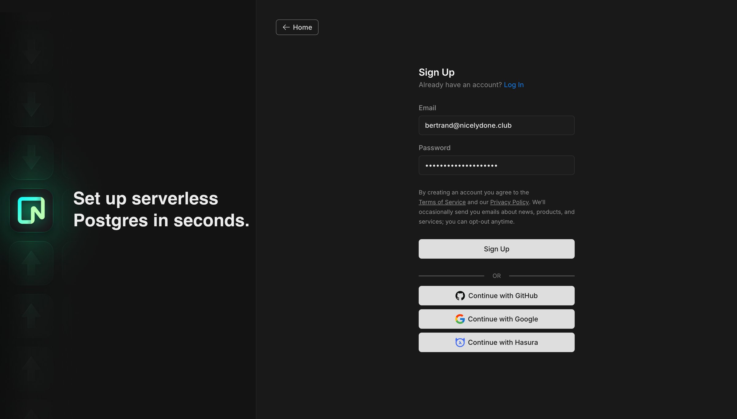 Neon - Sign Up screen