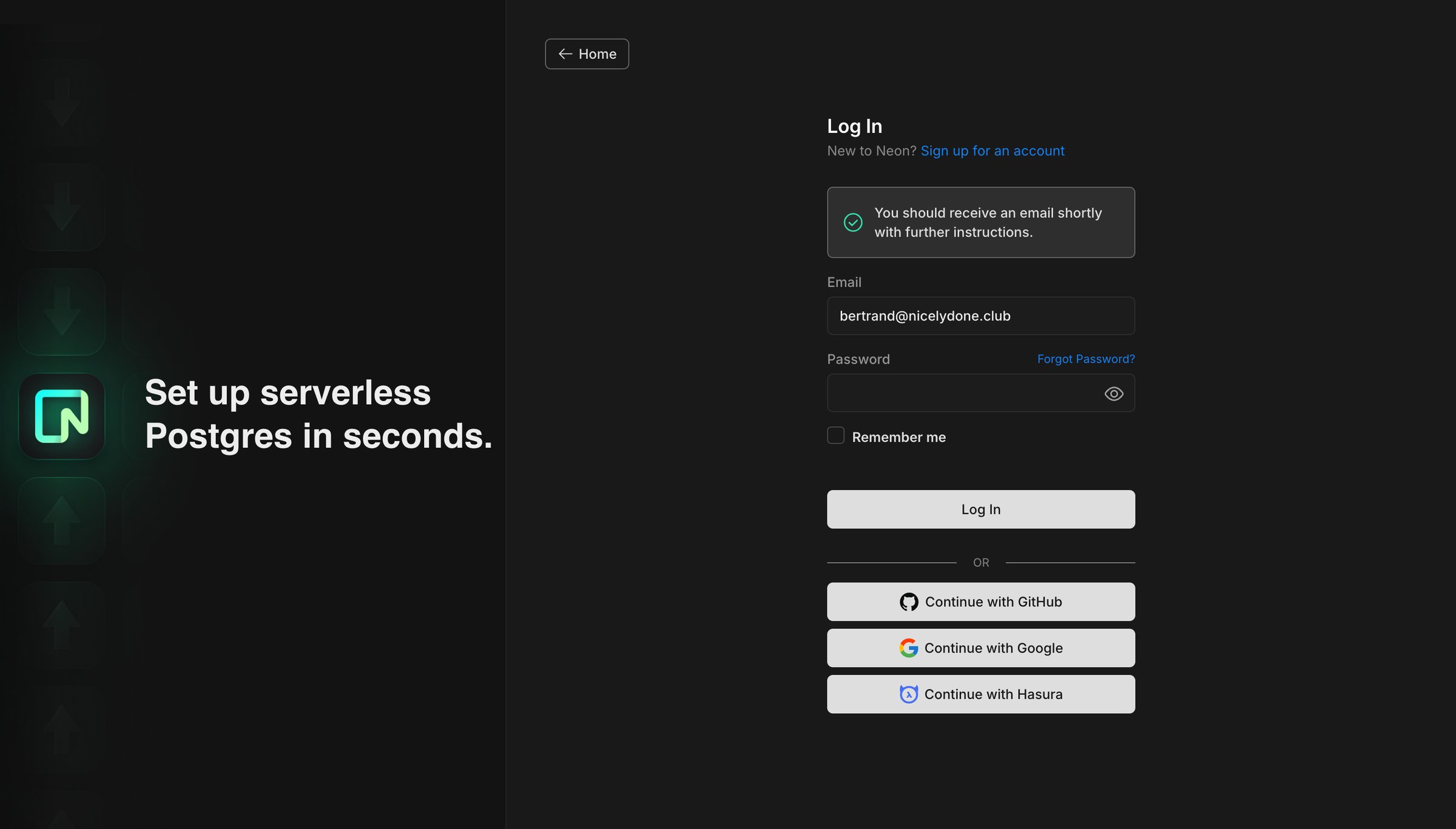 Neon - Log In screen