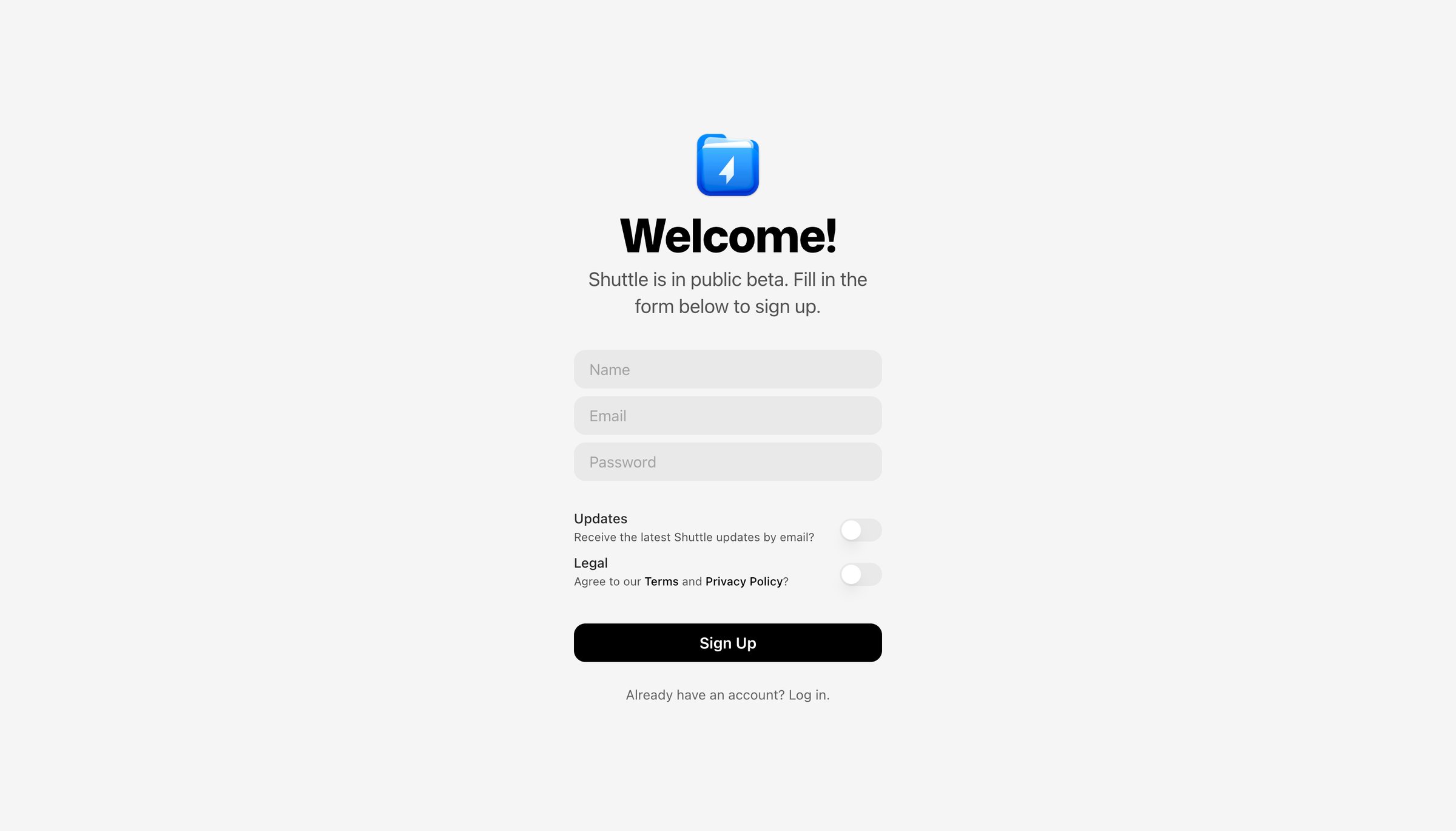 Shuttle - Shuttle Sign Up screen