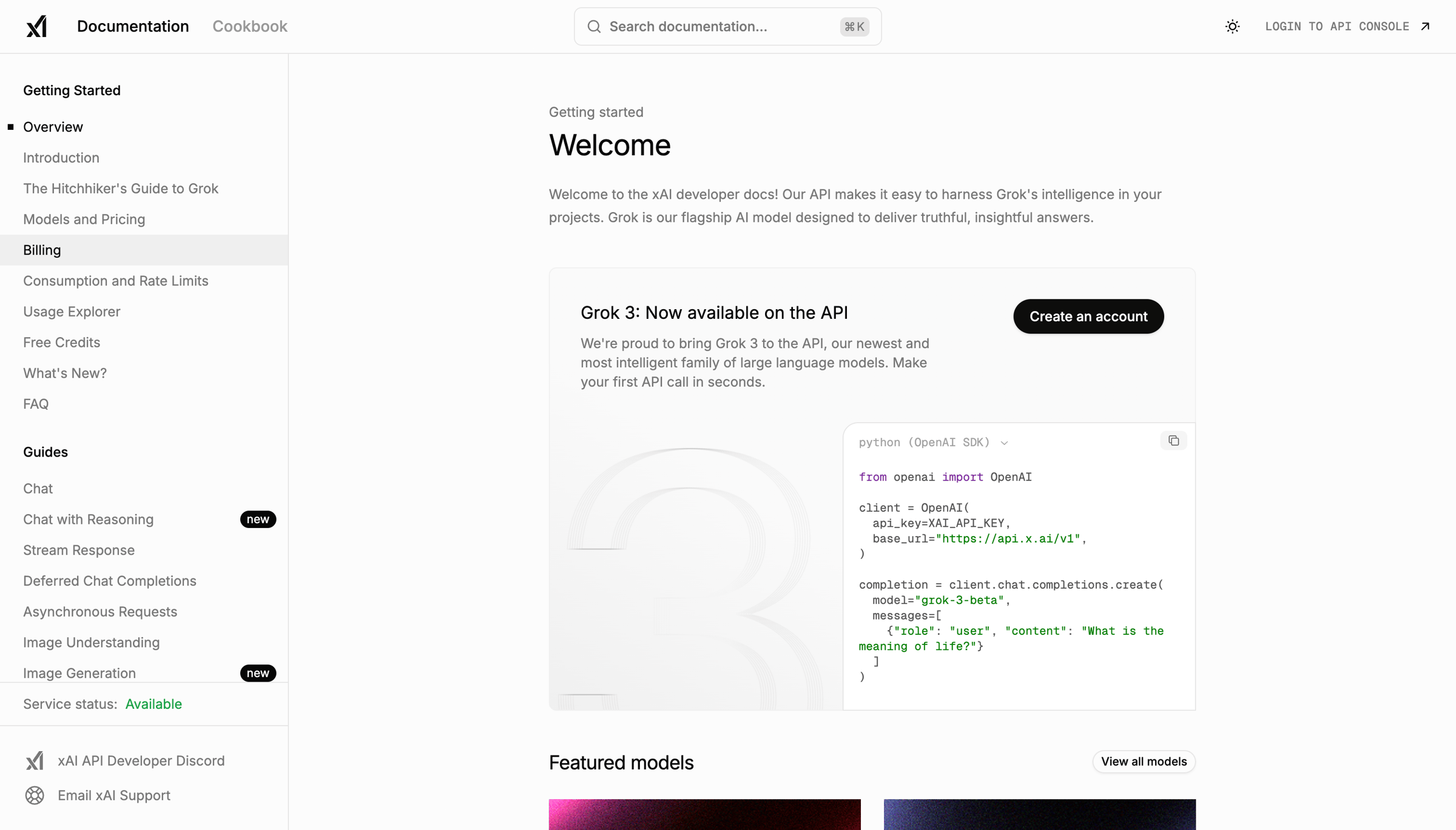 Grok - Overview | xAI Docs screen