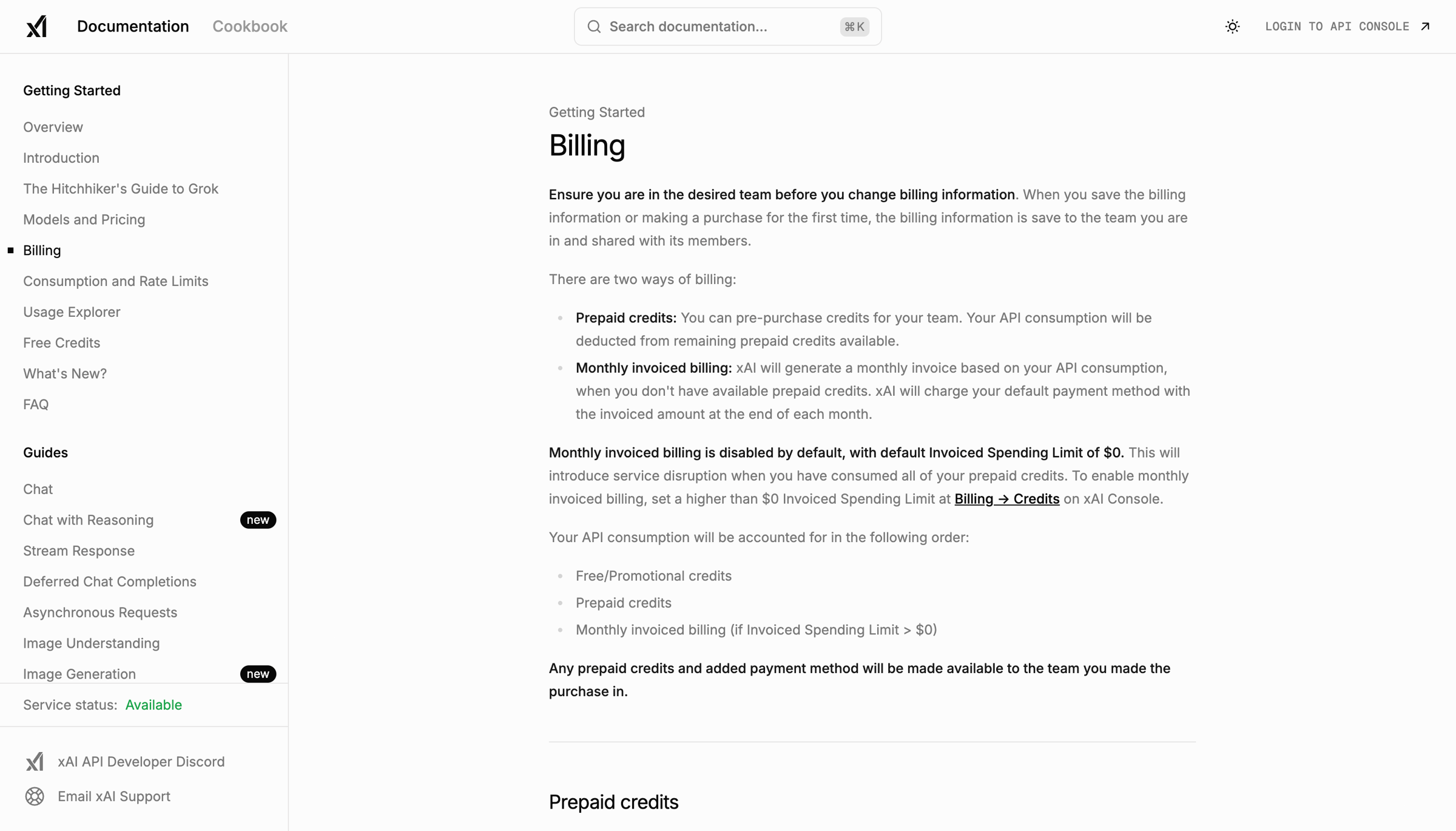 Grok - Billing | xAI Docs screen