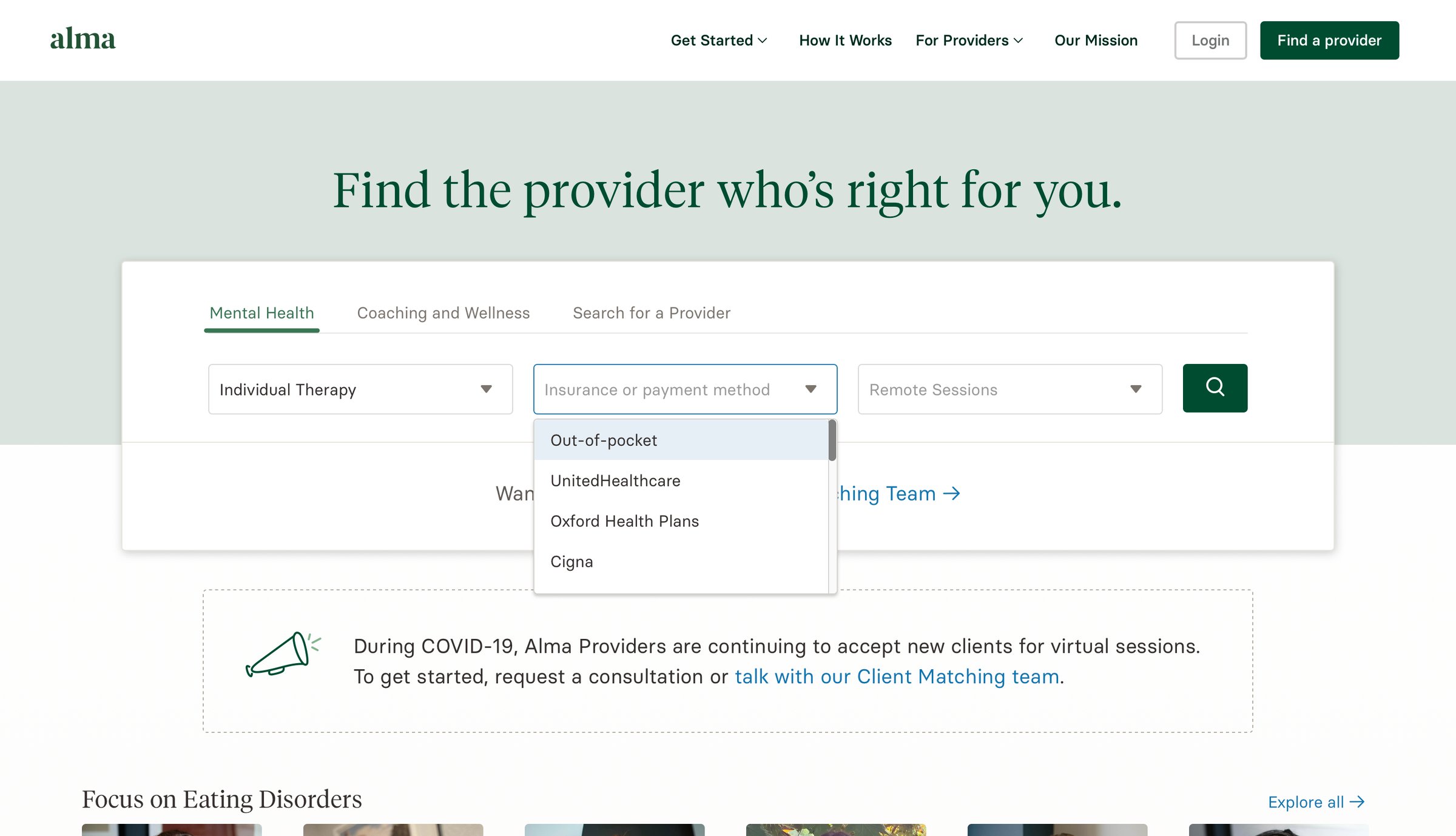 Alma - Find a Provider screen