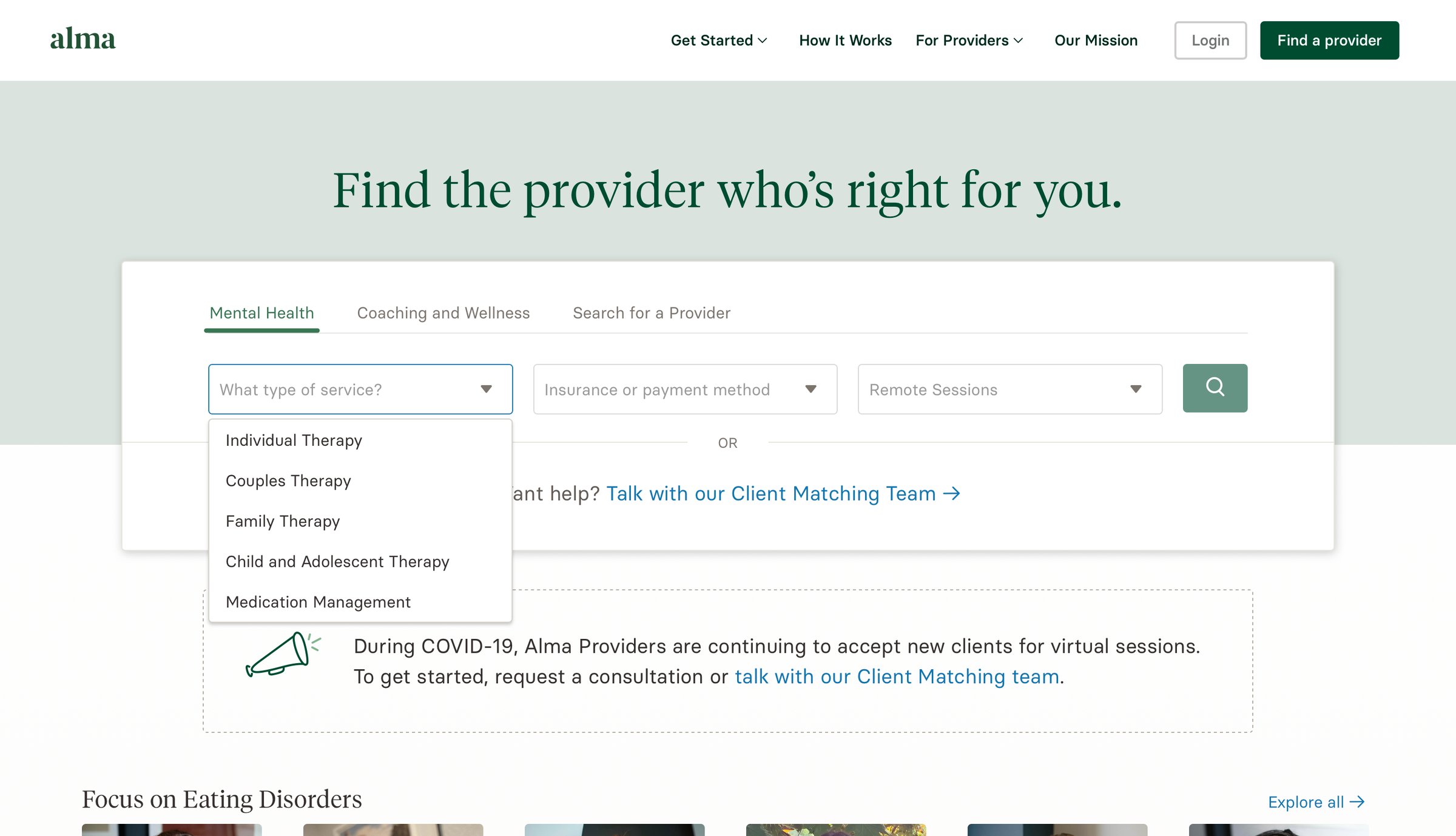 Alma - Find a Provider screen