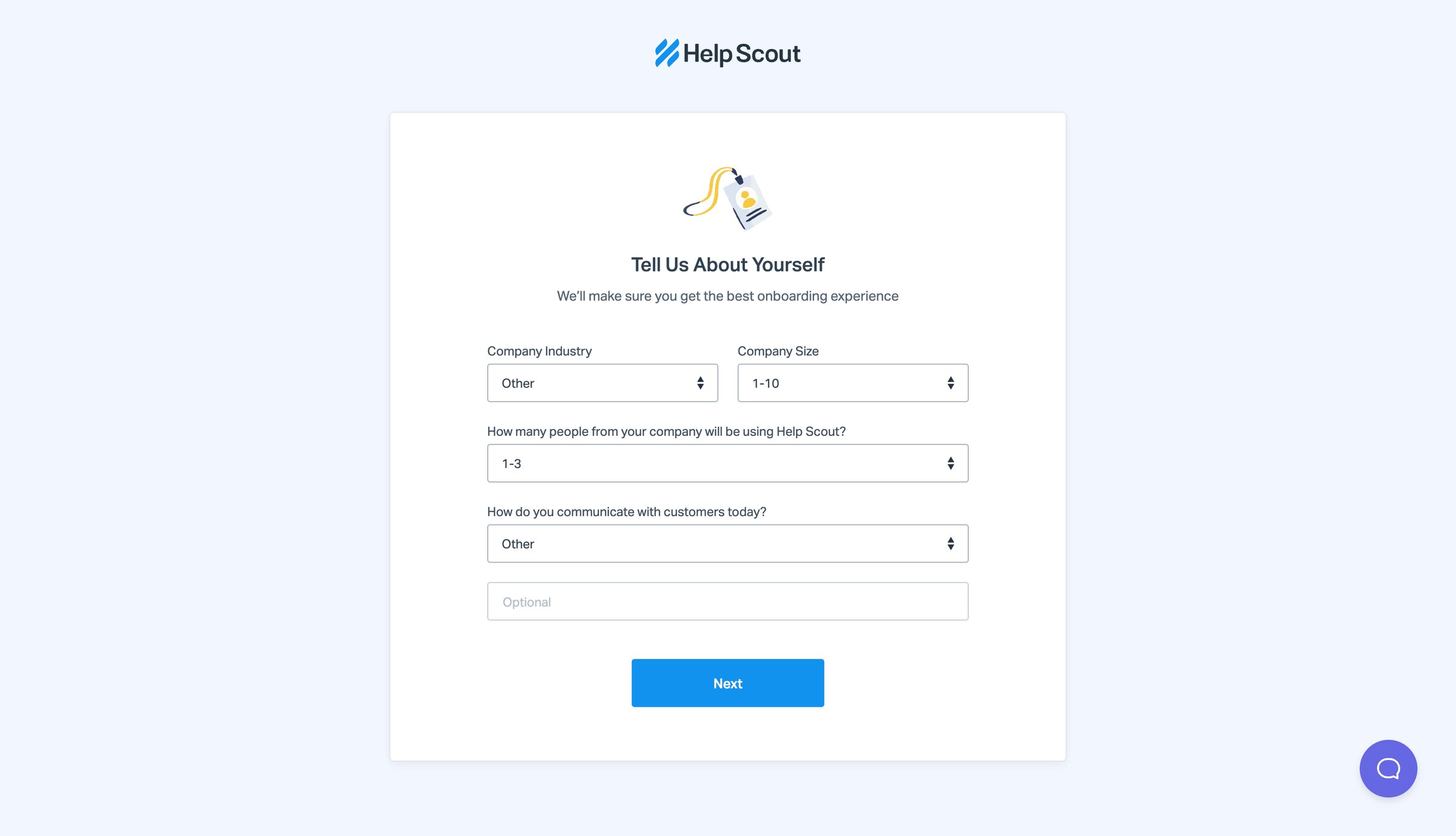 Help Scout - Tell Us About Yourself screen