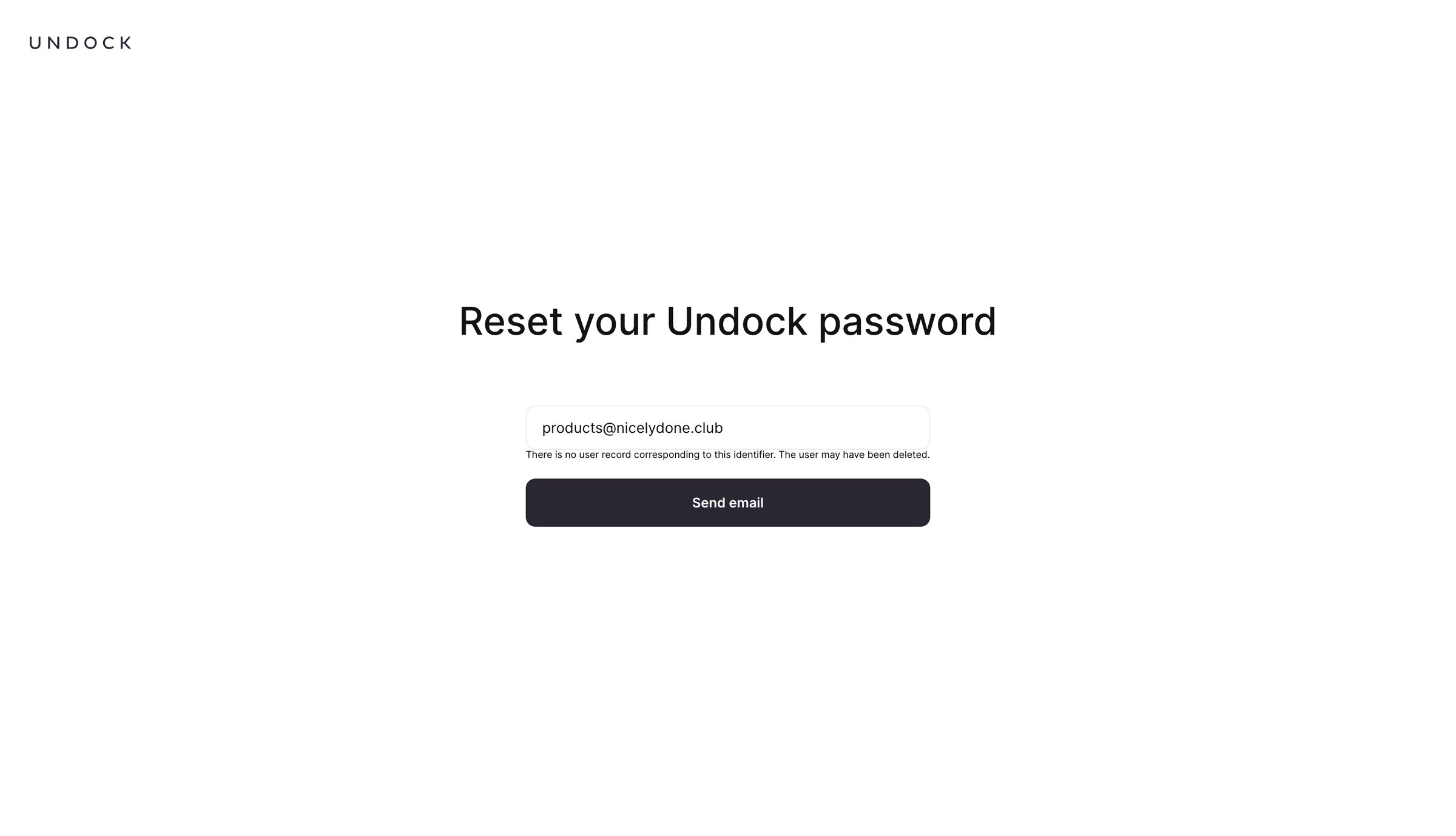 Undock - Reset Password | Undock screen